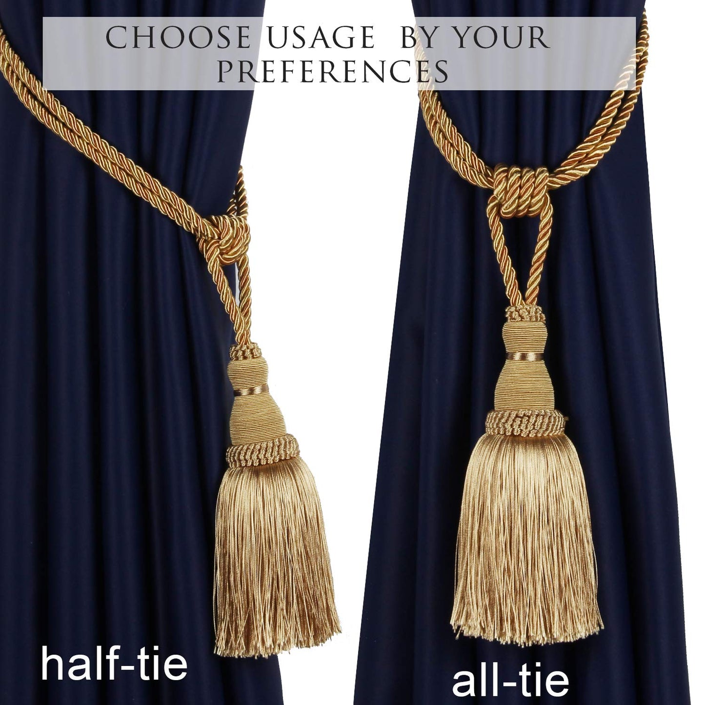 BEL AVENIR 2 Pack Curtain Tiebacks Tassel Drapery Tie-Backs Rope Handmade Holdbacks Home Office Hotel Decorative (Gold, 2 Pack)