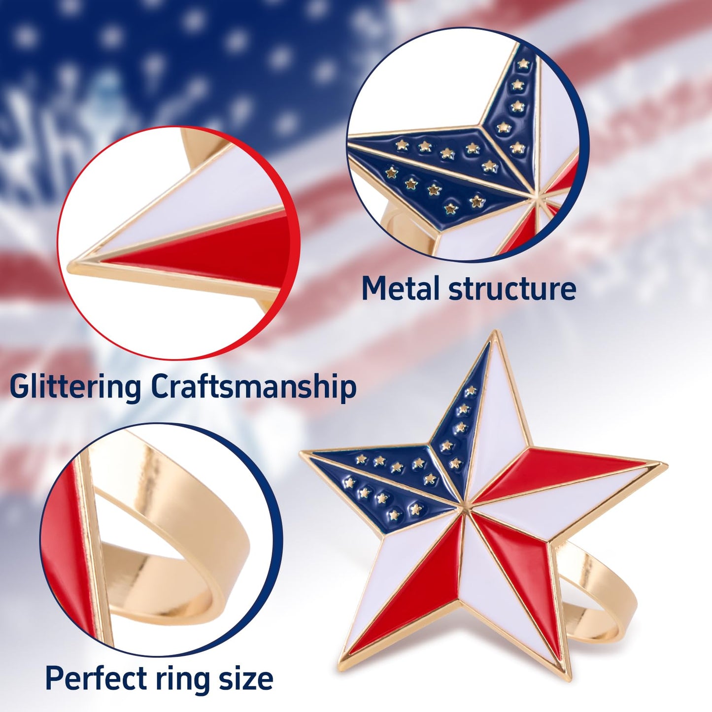 APTWOW 4th of July Patriotic Napkin Rings Set of 6, Gold Star Napkin Holder for 250th Anniversary Independence Day Napkin Ring America Napkin Ring for Dining Table Decor