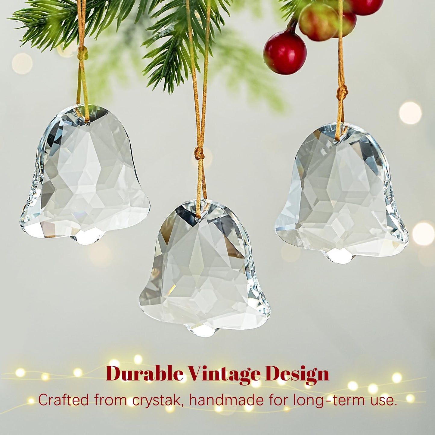 H&D HYALINE & DORA Set of 6 Crystal Christmas Ornaments Clear Faceted Glass Christmas Bell Hanging Ornaments for Xmas Tree Winter New Year Party Decoration(2 Inch)