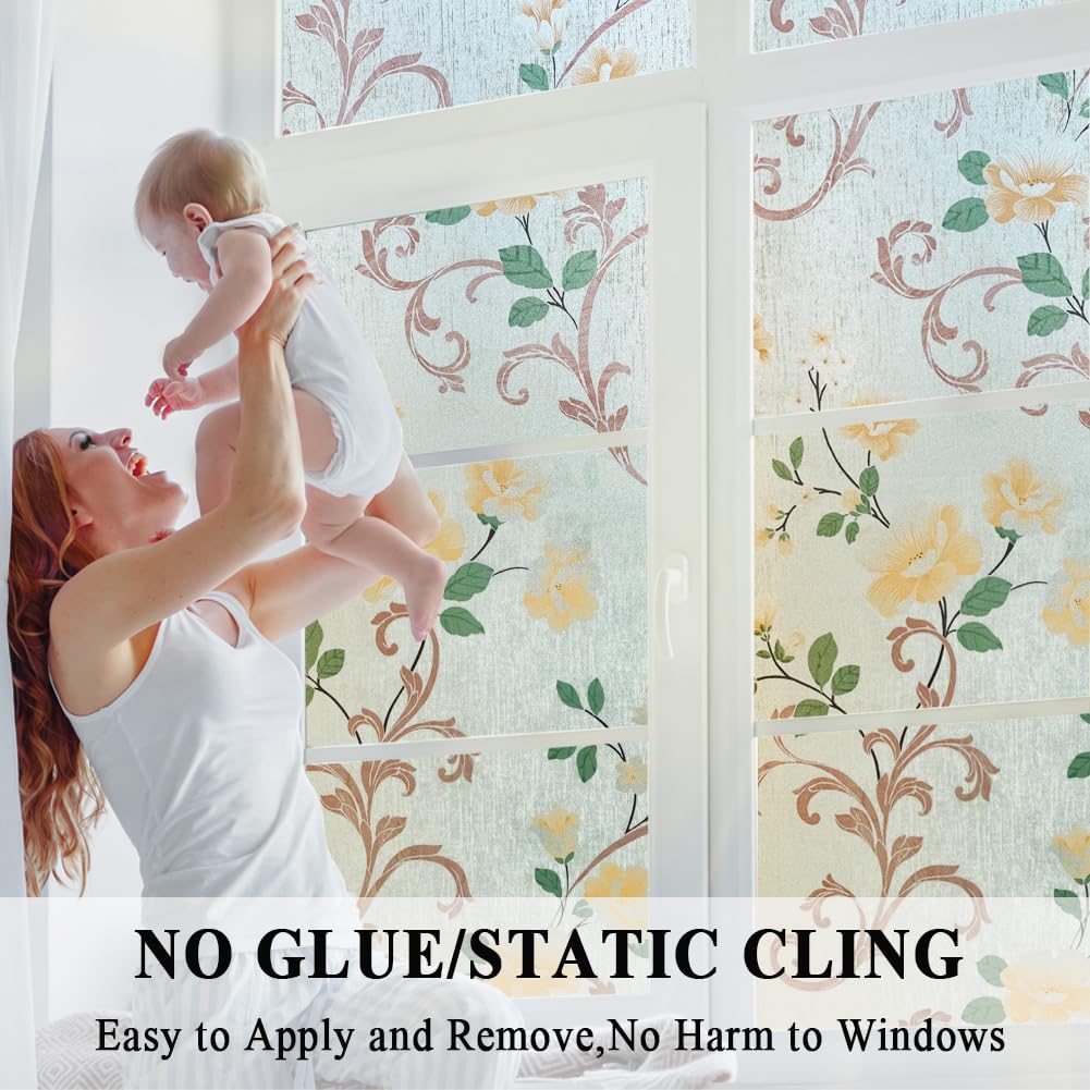 No Glue Window Films Elegant Flower Static Cling Glass Door Film Frosted Privacy Etched Tints Covers Decal,Anti-UV,Heat Control for Home and Office Decoration,17.5x78.7In.