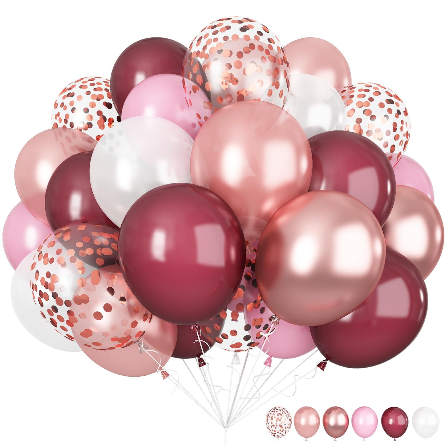 Burgundy Red and Pink Balloons, 60 Pack 12in Rose Gold Wine Red Light Pink White Latex Balloon Metallic Rosegold Confetti Helium Party Balloons for Women Girls Birthday Wedding Anniversary Decorations