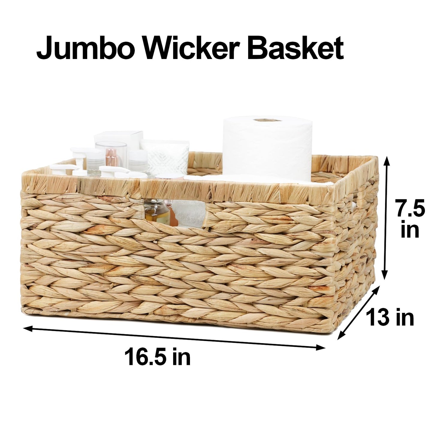 Jumbo Wicker Basket, Rectangular Wicker Baskets for Storage, Water Hyacinth Extra Large Storage Baskets, Shelf Basket with Built-in Handles-1 Pack