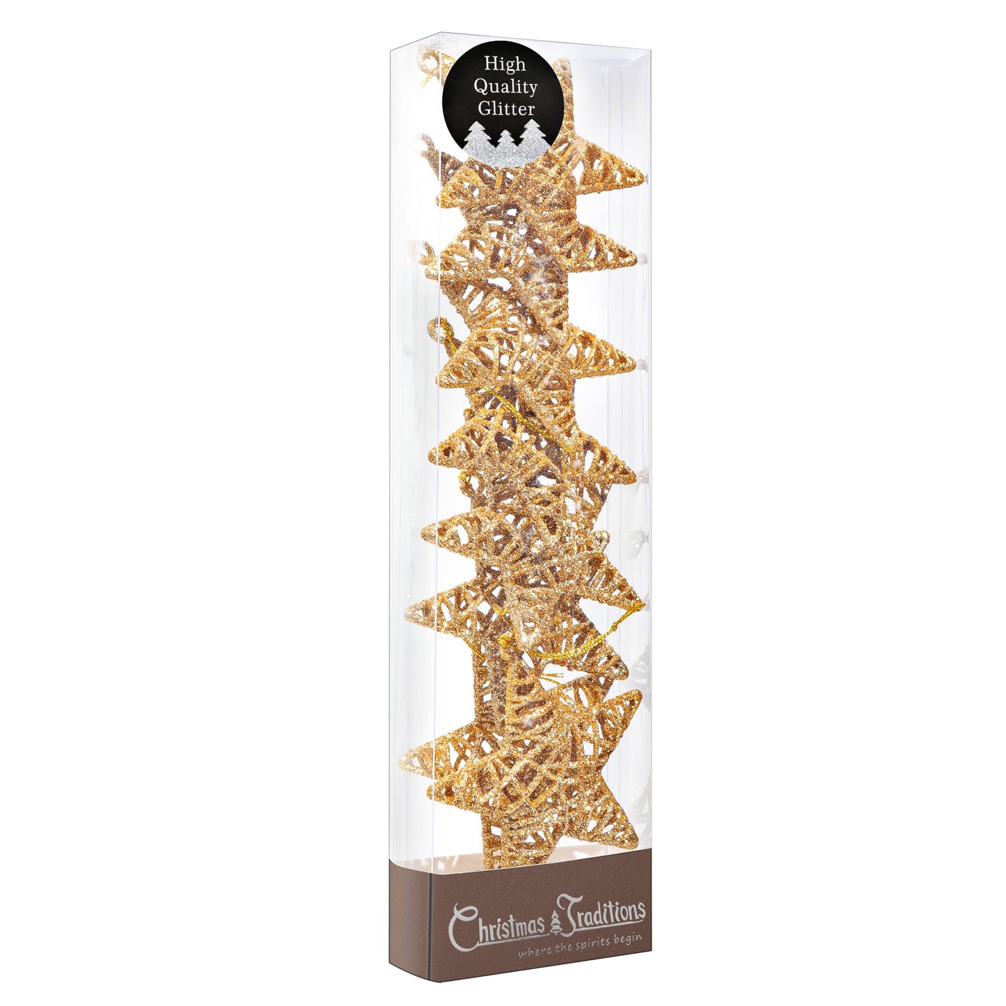 Christmas Traditions 4 inch 3D Gold Glittered Rattan Star Ornaments Hanging Tree/X'Mas Gifts/X'Mas Table Decorations (Set of 8)