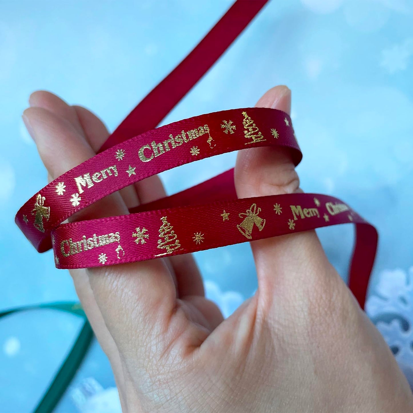LXKBD 50 Yards Merry Christmas Ribbon Christmas Tree Bells Snowflake, 3/8 inch Wide Satin Ribbons for Festival Holiday Party Decoration Gift Wrapping Crafts (Wine Red)