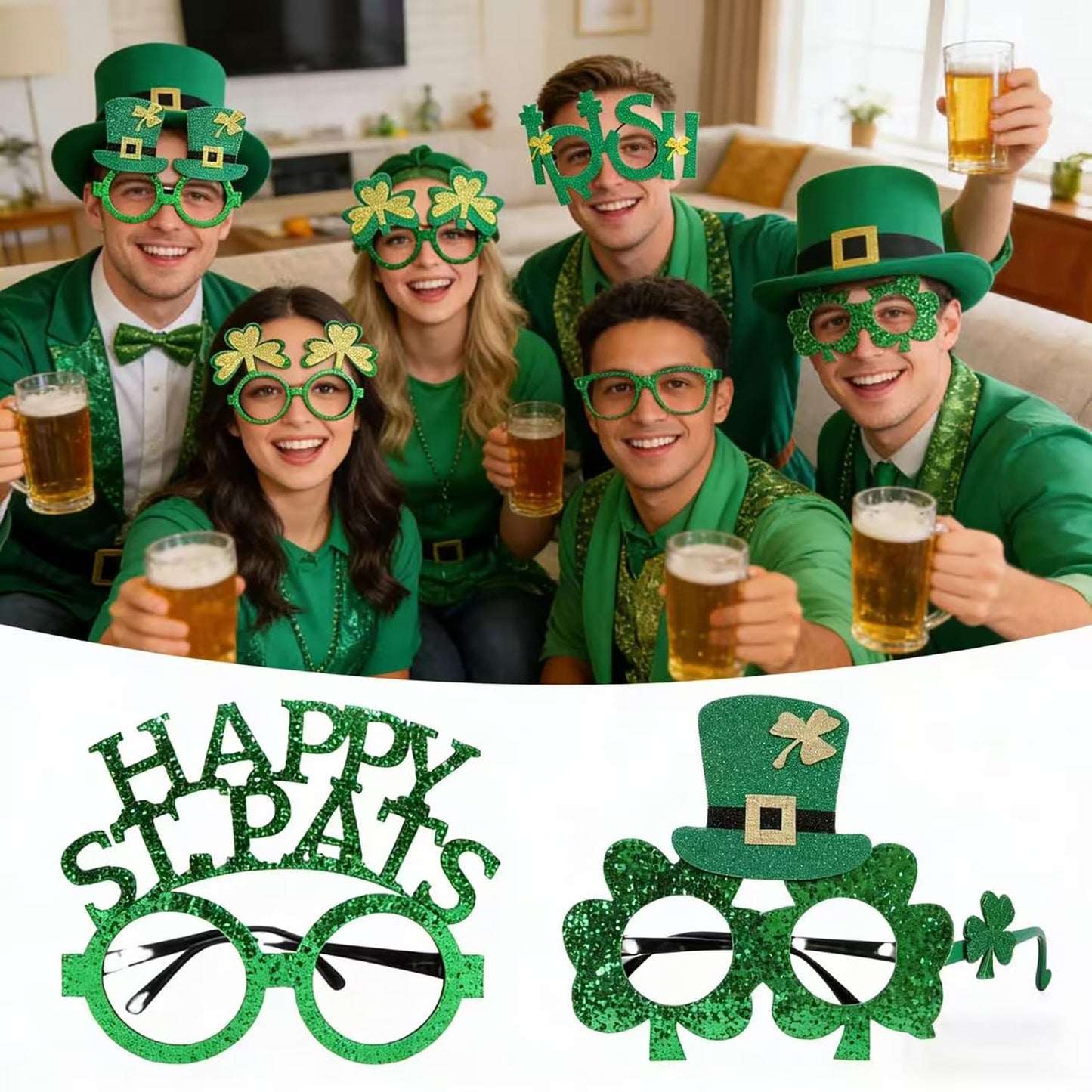 QEYRIYI St Patrick’s Glasses Frames St.Patrick’s Day Decoration Accessories Supplies 6 Pcs Green Glitter Hat Glasses Holiday Ornaments Party Photo booth Props