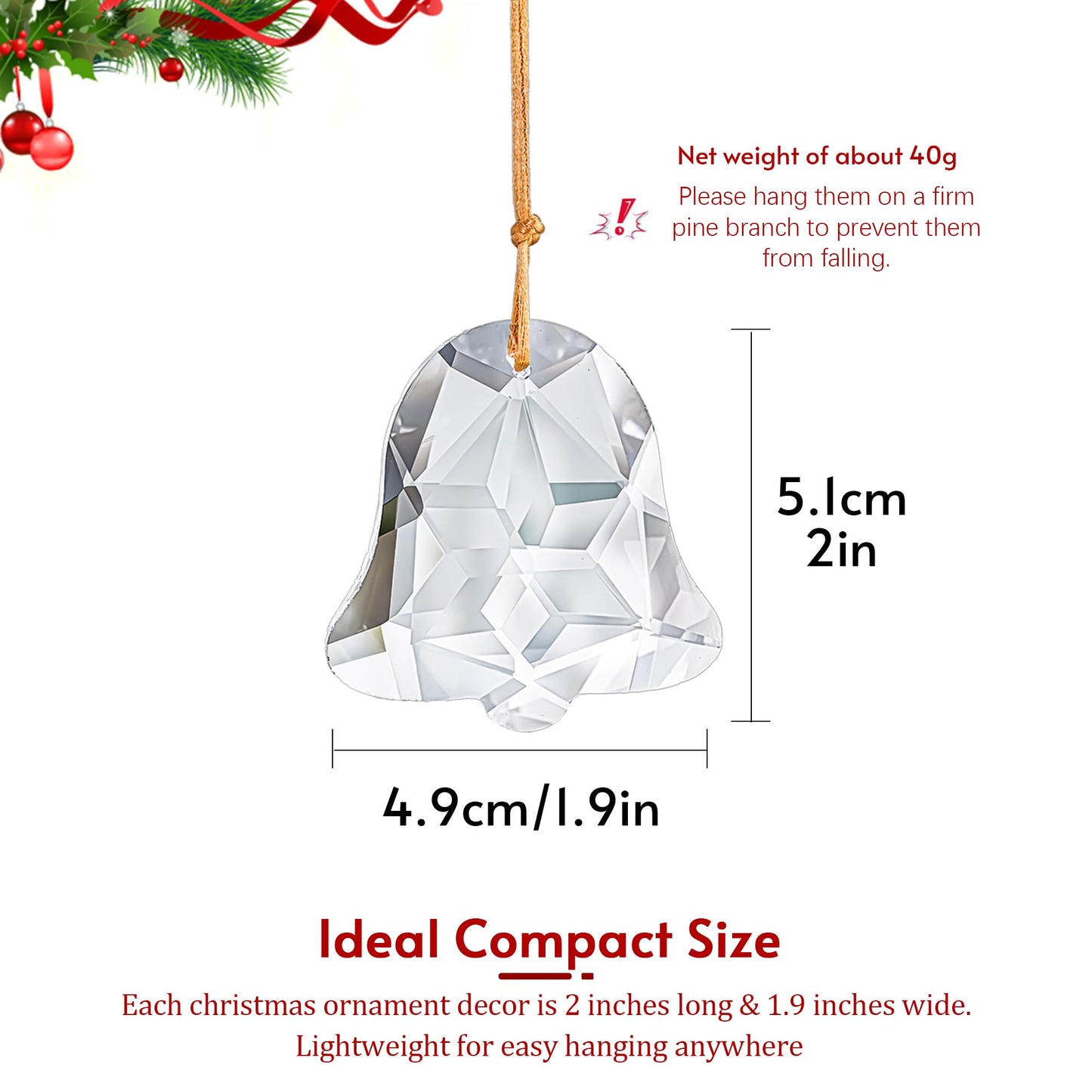 H&D HYALINE & DORA Set of 6 Crystal Christmas Ornaments Clear Faceted Glass Christmas Bell Hanging Ornaments for Xmas Tree Winter New Year Party Decoration(2 Inch)