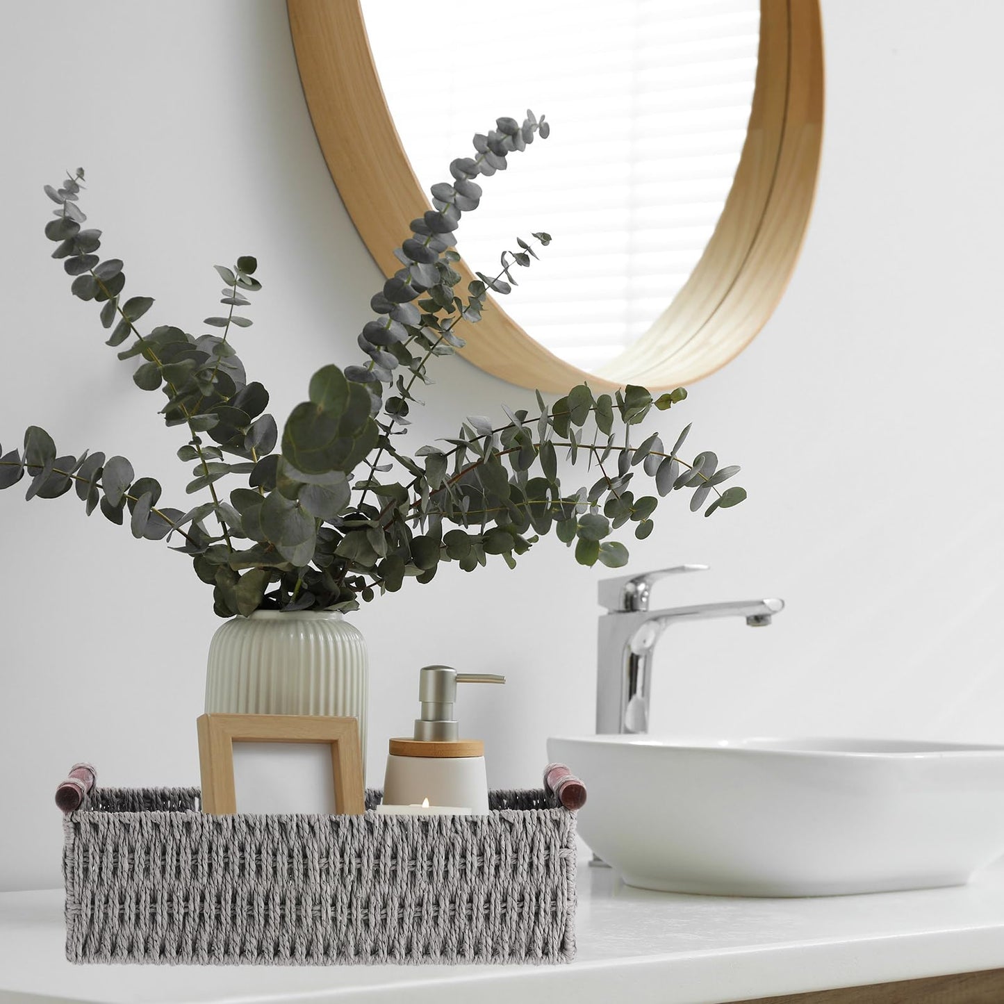 Boao 3 Pcs Boho Storage Wicker Baskets Handmade Woven Decorative Paper Rope Baskets for Organizing with Handle Countertop Toilet Paper Storage Container for Toilet Tank Top(Grey,Rectangle)