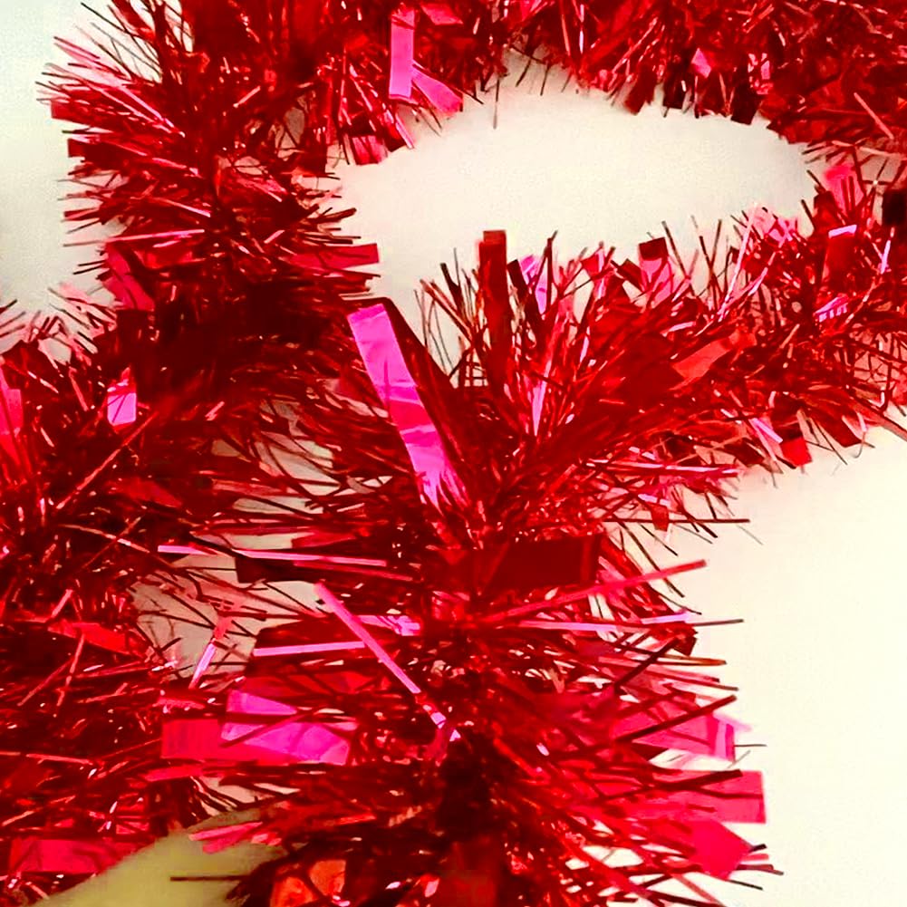 Psoeksdo 33Ft Christmas Tinsel Garland Xmas Tree Decorations Shiny Thick Red Metallic Twist Garland Ceiling Hanging Decor for Xmas New Year Birthday Party Indoor Outdoor Supplies-Red