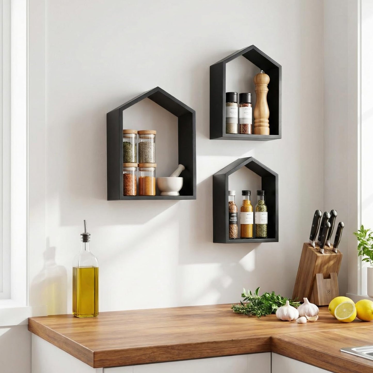 Threehoney 3 Set Wall Shelf 9.8 x 7.1 Inch Wooden Hanging Shelf Deep Display Storage Shelves Floating Shelves for Home Office Room Mini Figures Potted Plants Wall Decor(House,Black)