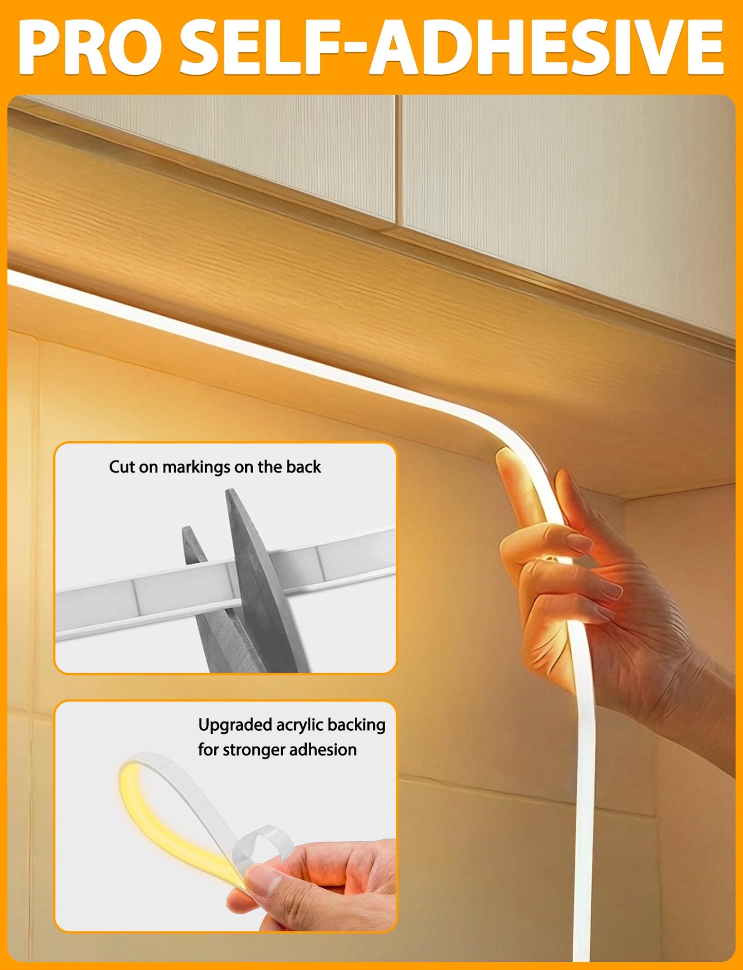 Lamomo COB LED Strip Lights Pro, 16.4Ft Warm White Dimmable Self-Adhesive Led Rope Light with Remote, Flexible Cuttable Waterproof 3000K Silicone Neon Tape Lights for Bedroom, Indoor, Outdoor,Cabinet
