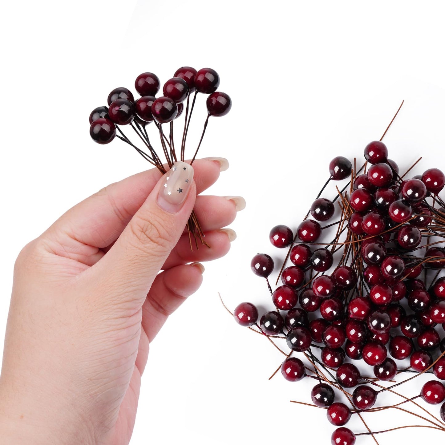 hoyuwak Burgundy Christmas Ornaments - 100 Pcs Artificial Holly Berries on Wire Stems for DIY Christmas Decor, Wreaths, Wedding, and Party Decoration