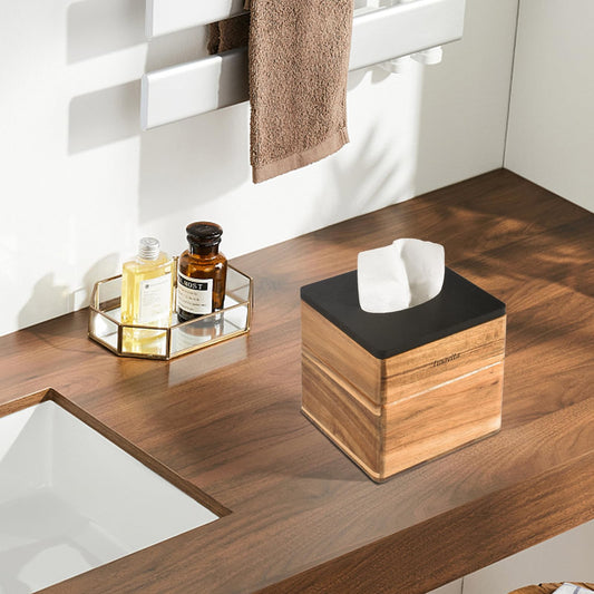 Tissue Box Cover Square, Acacia Wood Tissue Box Holder for Bathroom Bedroom Dinner Table Office, Modern Farmhouse Style Cube Tissue Box