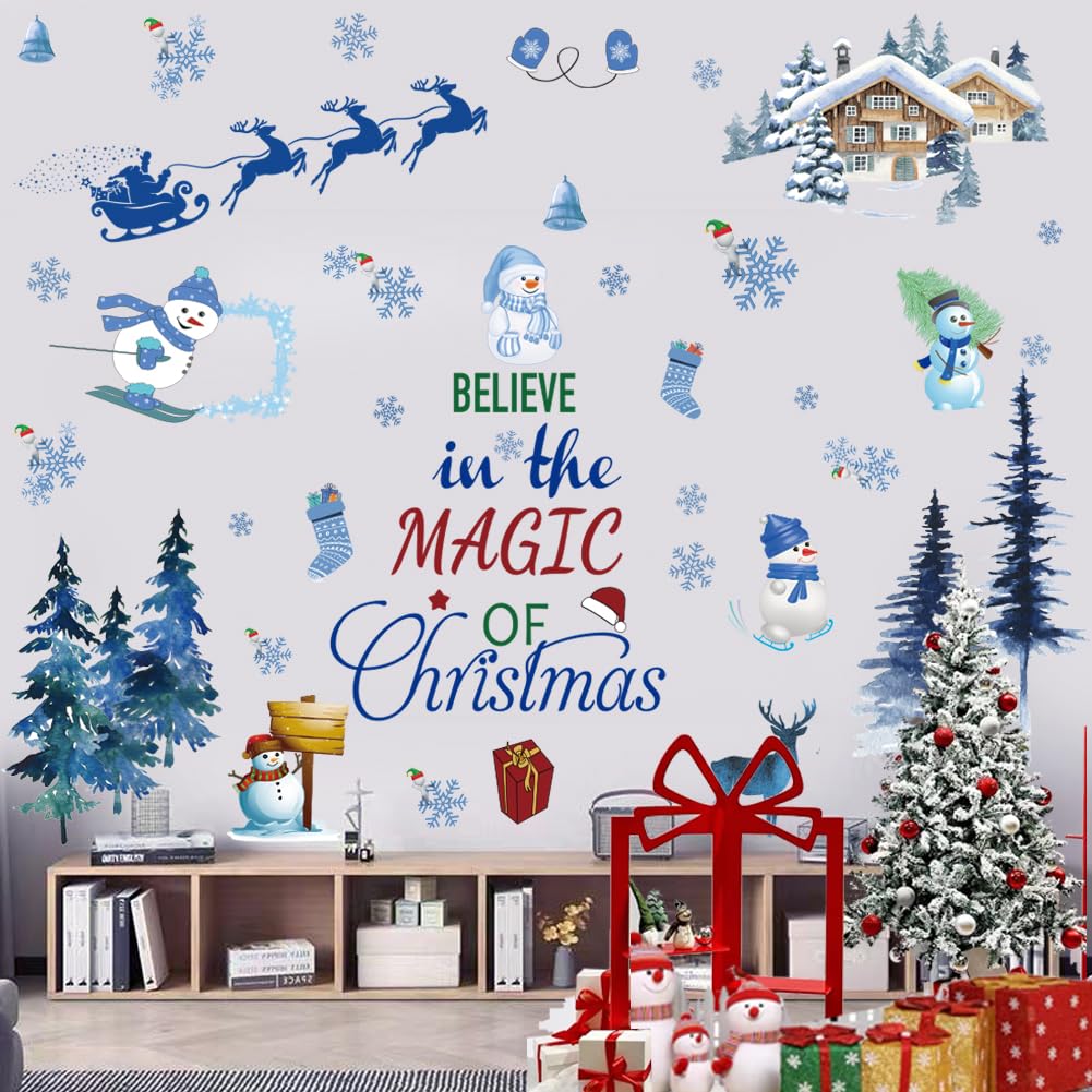 Santa Claus Christmas Tree Wall Sticker - Removable Vinyl DIY Wall Decor for Party, Playroom, Bedroom, Classroom, Living Room - Blue