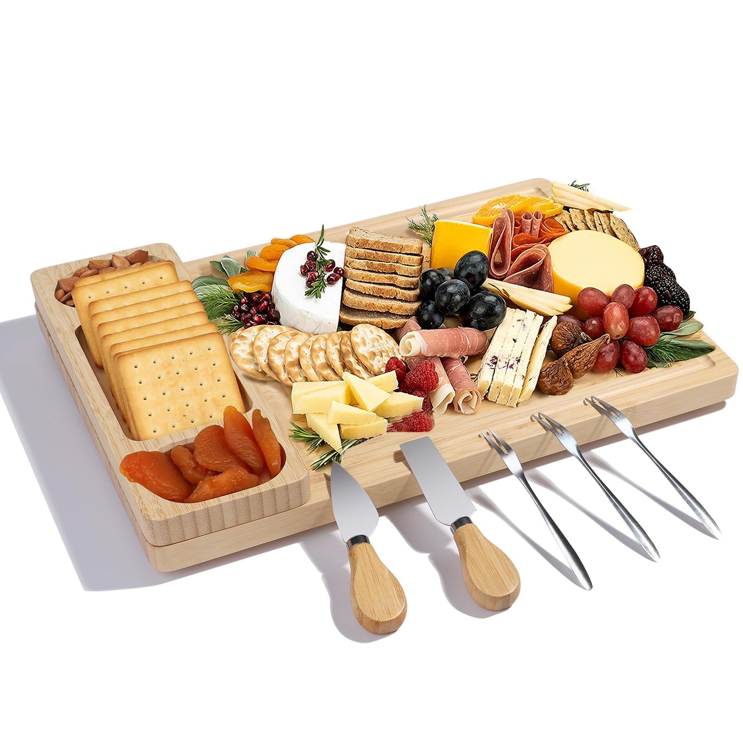 Premium Bamboo Cheese and Charcuterie Board Set - Large Wooden Serving Tray with Hidden Knife Storage, Cheese Knives & Forks - Perfect for Cheese, Meats, Fruits - Ideal Gift for Parties & Holidays