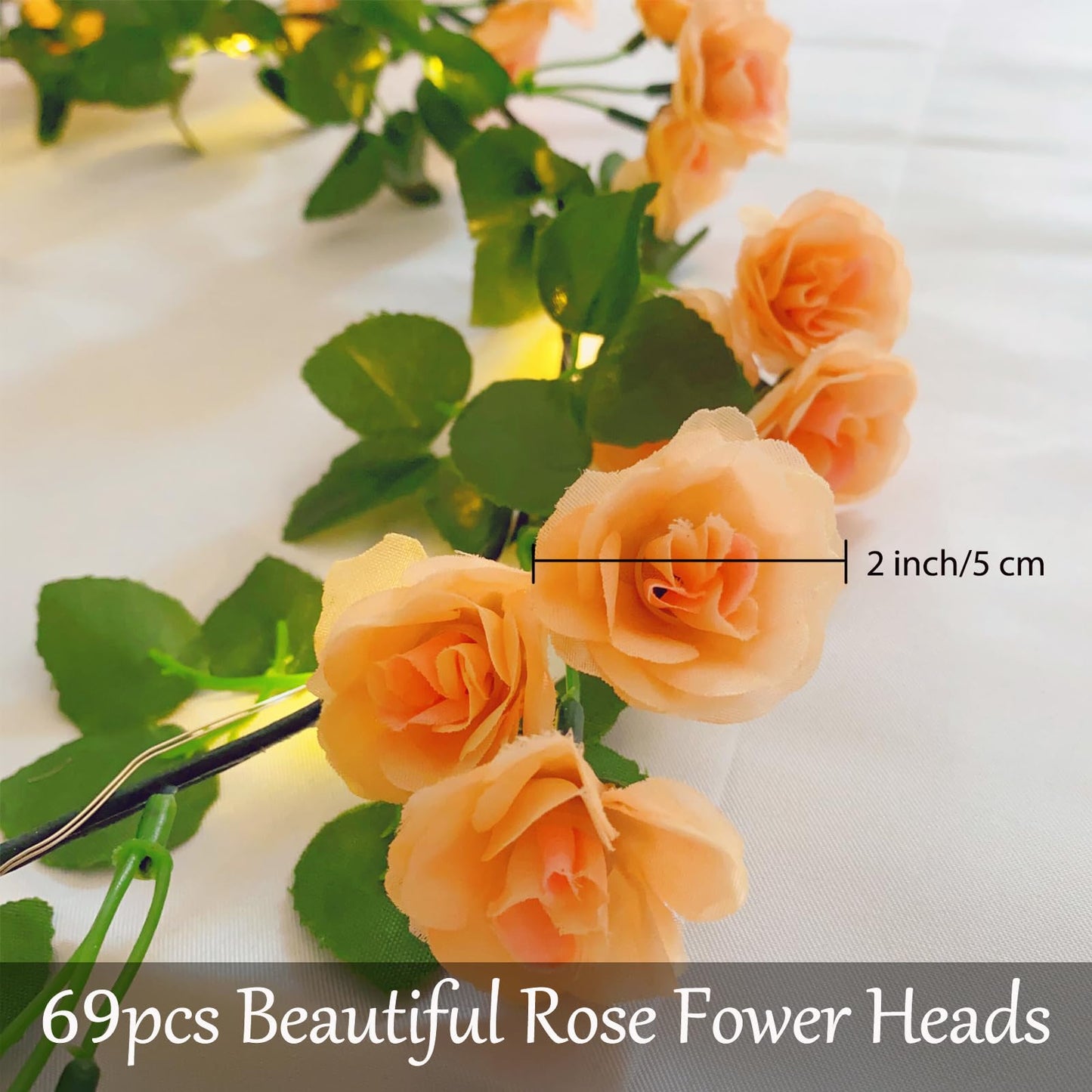 Fielegen Artificial Flower Garland with 20 LED String Lights, 6FT Hanging Rose Flower Vine Garland Decorations for Garden Wedding Flower Table Decor Birthday Party Indoor Bedroom Wall Room
