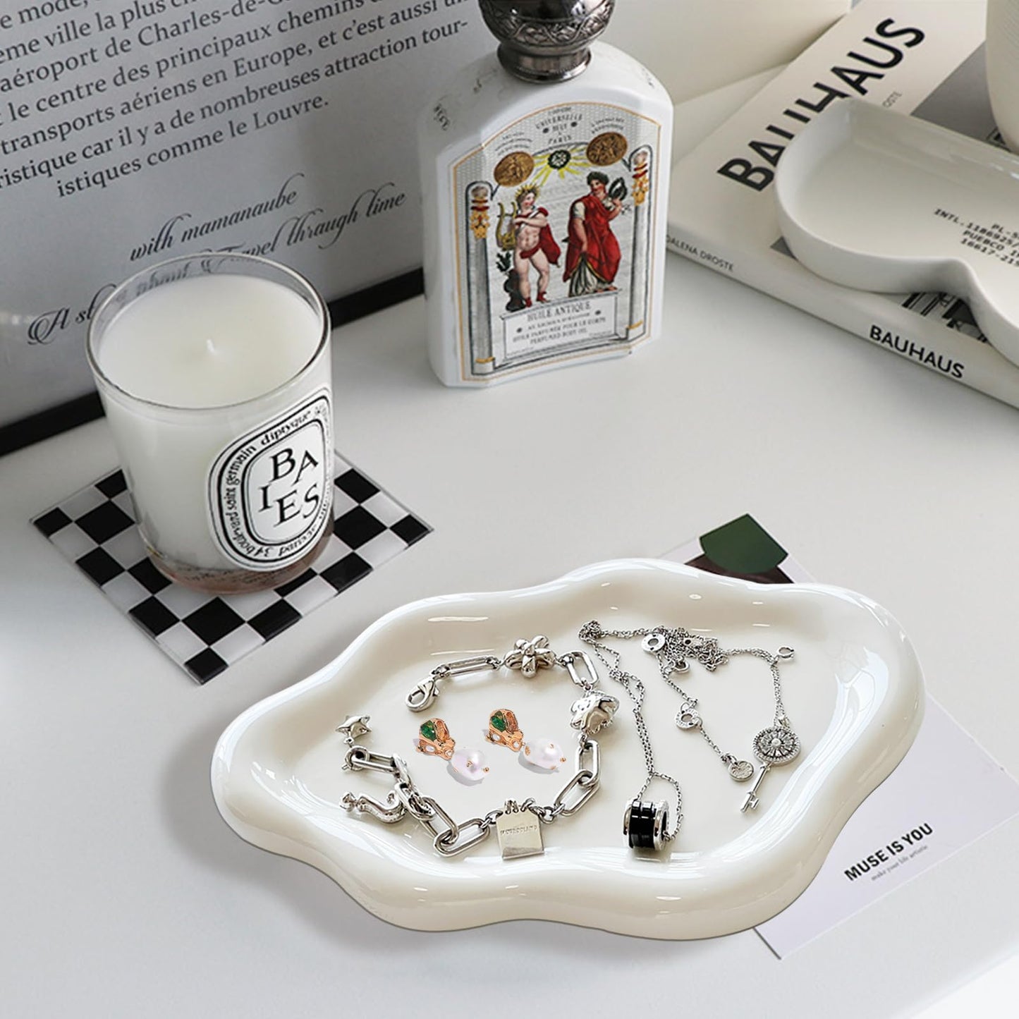 Ceramic Jewelry Dish for Women, Jewelry Tray Trinket Dish, Irregular Cloud Shape Ceramic Plate, Watch Keys Tray Ring Dish Holder for Mother's Day/Christmas/Thanksgiving/Birthday Gift(White)