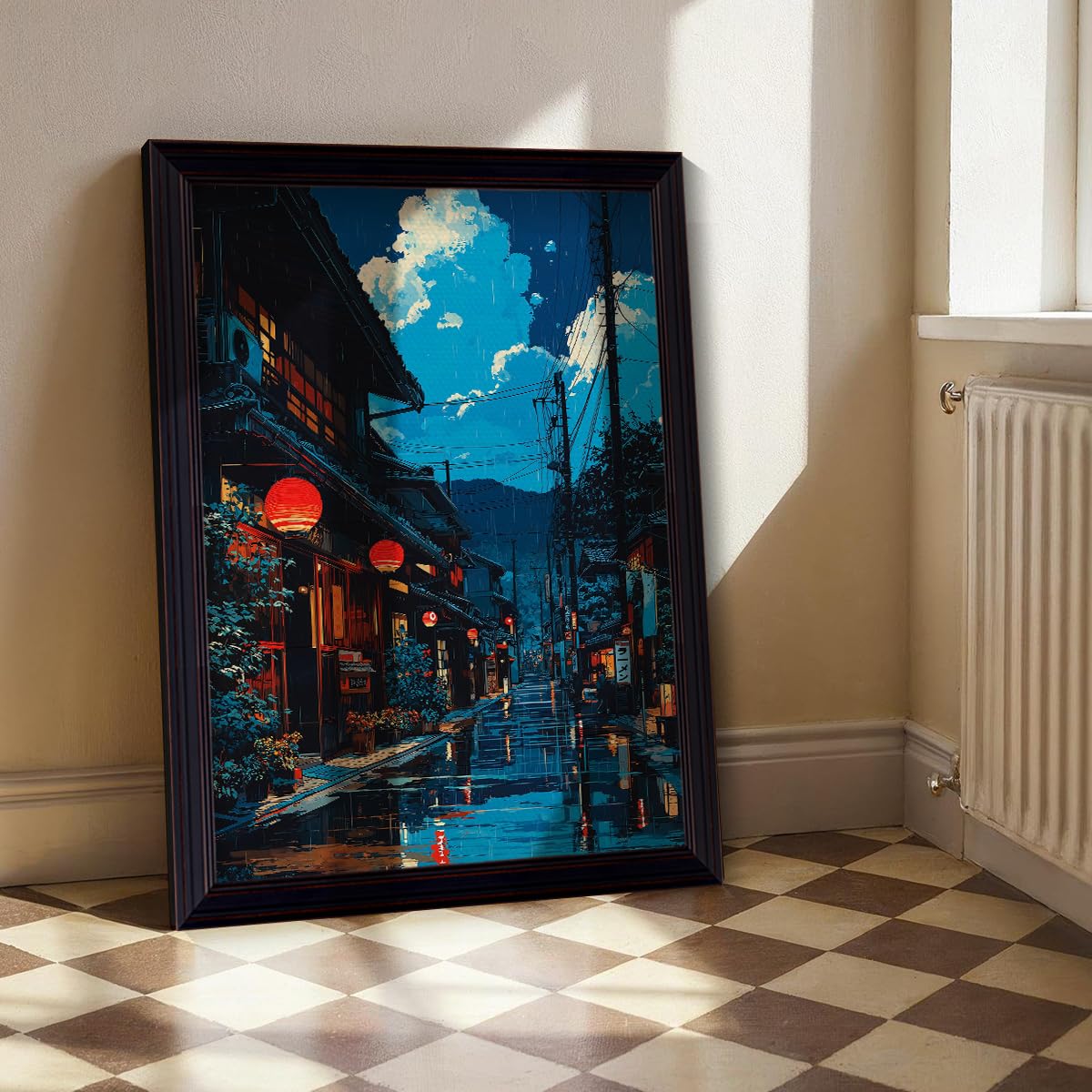 Framed Japanese Canvas Wall Art, Cartoon Style Tokyo Tea House Anime Poster, Modern Ukiyo-e City Street Cafe Scene Painting, Asian Japandi True-to-life Fine Art Print for Bedroom 8x10in