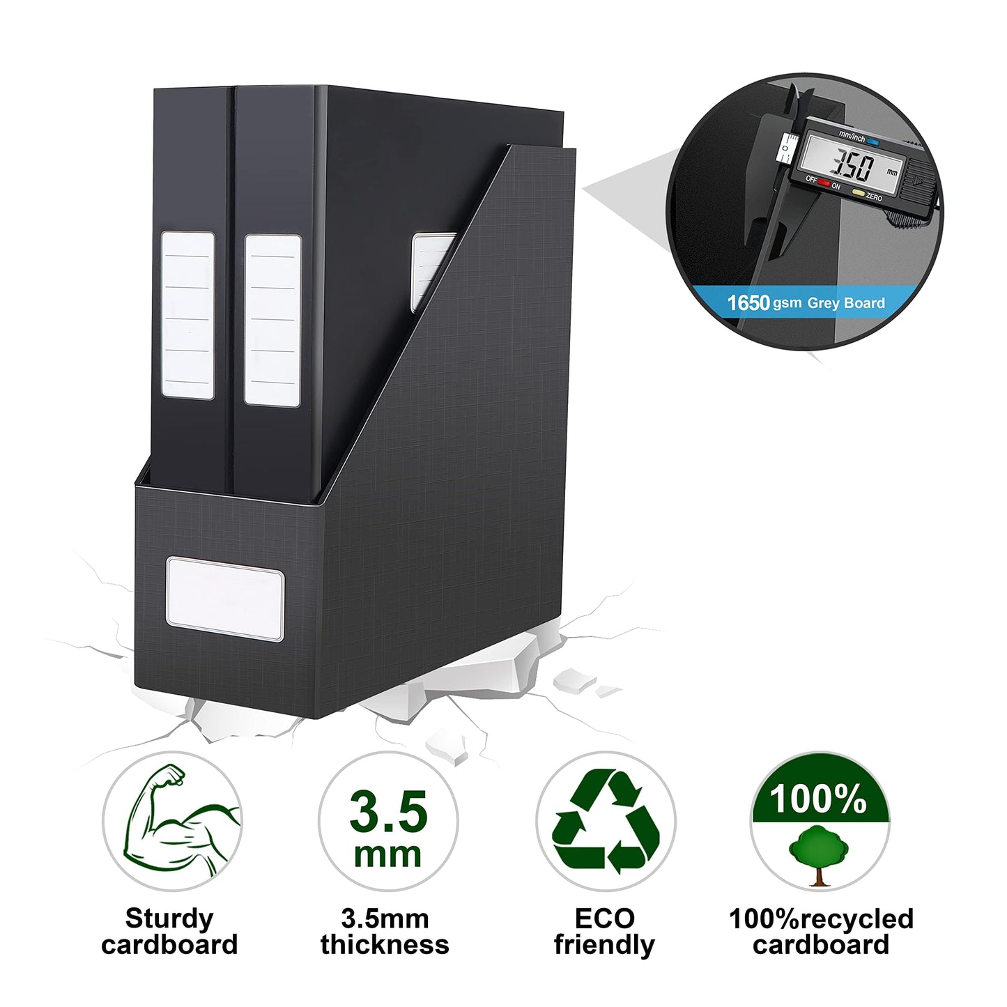 JiaWei Black Magazine File Holders, 3 Packs Sturdy Cardboard File Rack, Office Organization Desktop Storage File Box Binder for Shelves and Desk, Folder Holder for Office or Classroom