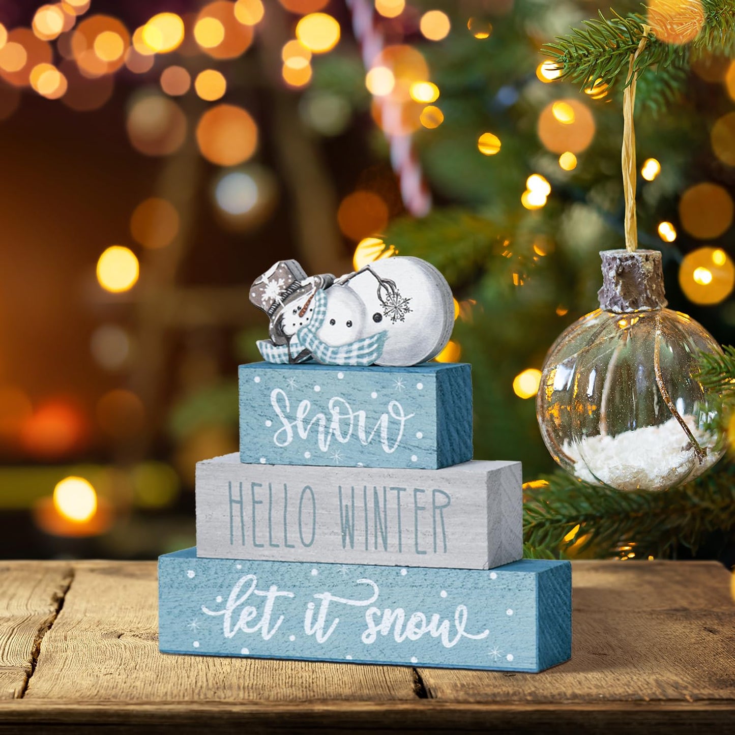 Smile 4 Pcs Christmas Signs, Wooden Tabletop Decor, Let It Snow Hello Winter, Ornaments for Home Shelf Mantel Fireplace.