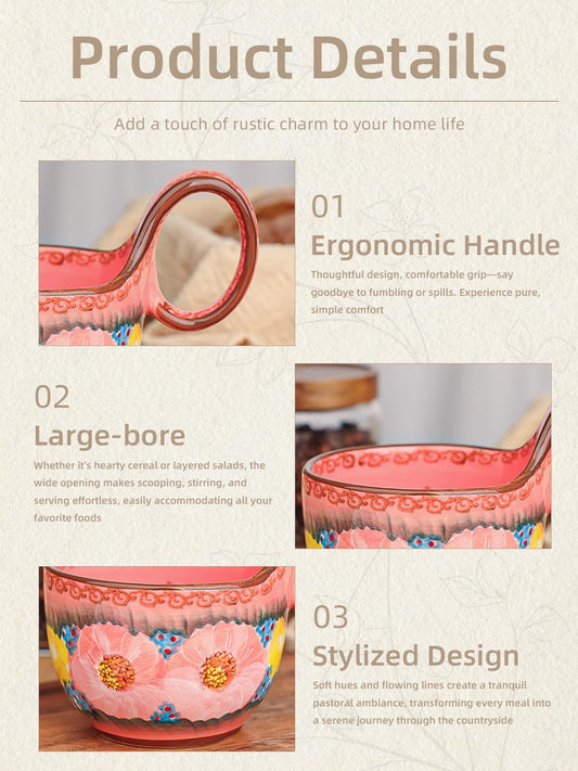 silesia Handmade Ceramic Soup Bowl with Loop Handle, Hand Painted Floral Cereal Bowl, Artisanal Soup Mug for Chili, Stew, Oatmeal, Microwave Safe, Glazed Pink