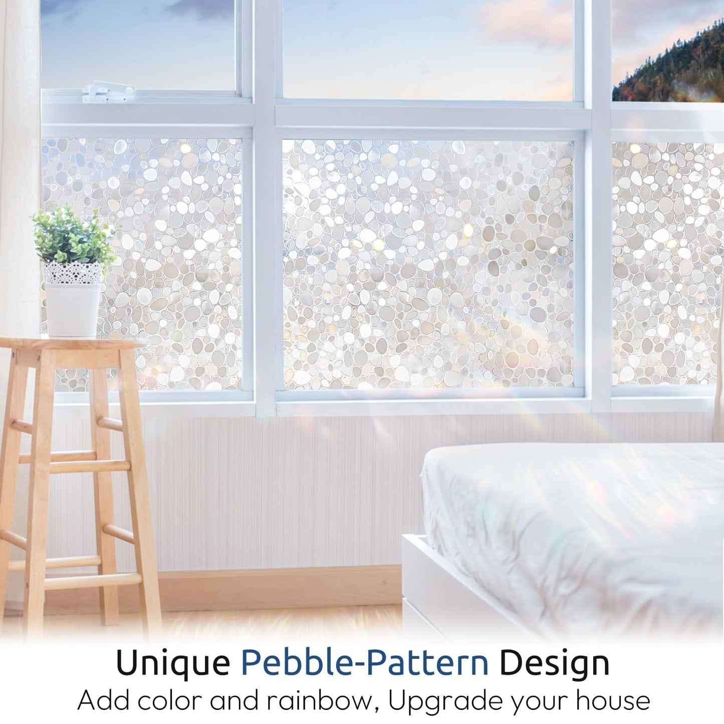 rabbitgoo Window Privacy Film, Decorative Rainbow Window Clings for Glass Covering, Static Cling Non Adhesive Door Stickers UV Blocking, Stained Glass Vinyl Decal, 3D Pebble, 17.5 x 78.7 inches