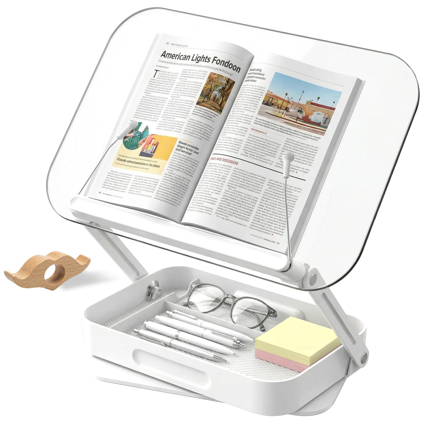 Lifcozy Book Stand for Reading, Acrylic Adjustable Book Holder with Book Page Holder, 360°Cookbook Stand with Storage for Kitchen Counter, Hands Free Recipe Book Holder for Textbook Cookbook, Clear