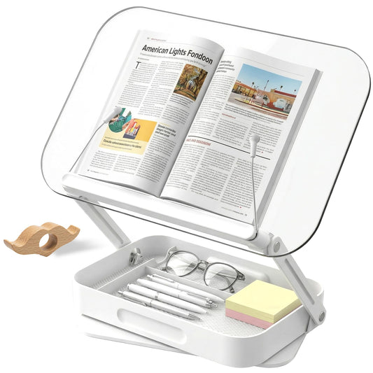 Lifcozy Book Stand for Reading, Acrylic Adjustable Book Holder with Book Page Holder, 360°Cookbook Stand with Storage for Kitchen Counter, Hands Free Recipe Book Holder for Textbook Cookbook, Clear