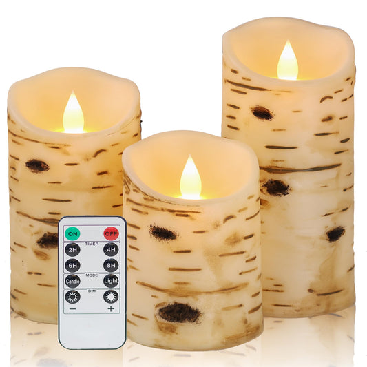 Comenzar Flameless Candles Birch Bark Texture, Flickering Flame Battery Operated LED Candles, Electric Plastic Candles with Remote Timer for Home Decor, Rustic Wedding Centerpiece, Gift Set of 3
