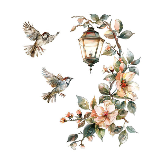 FUFUQUARE Chandelier Bird Wall Stickers Vintage Street Lamp Red Flower Wall Decor, Floral Art Wall Decals Vinyl Peel and Stick for Living Room Bedroom Nursery Playroom Door Home Decorations