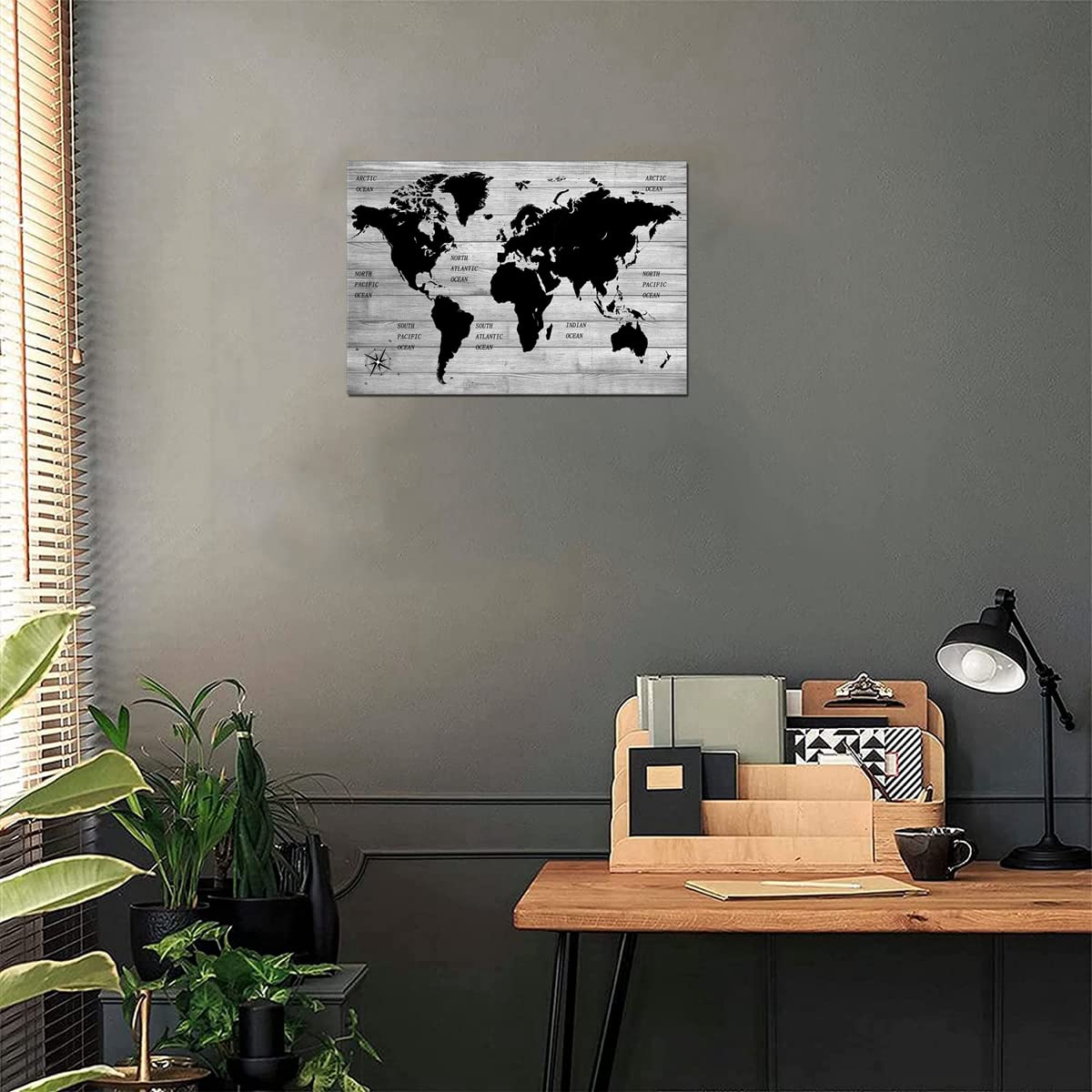 TAOMI World Map Wood Grain Grey Wall Art Black and White Artwork for Office Home Bedroom Decoration Map of the World Canvas Classroom Living Room Wall Décor Frame 12x16inch