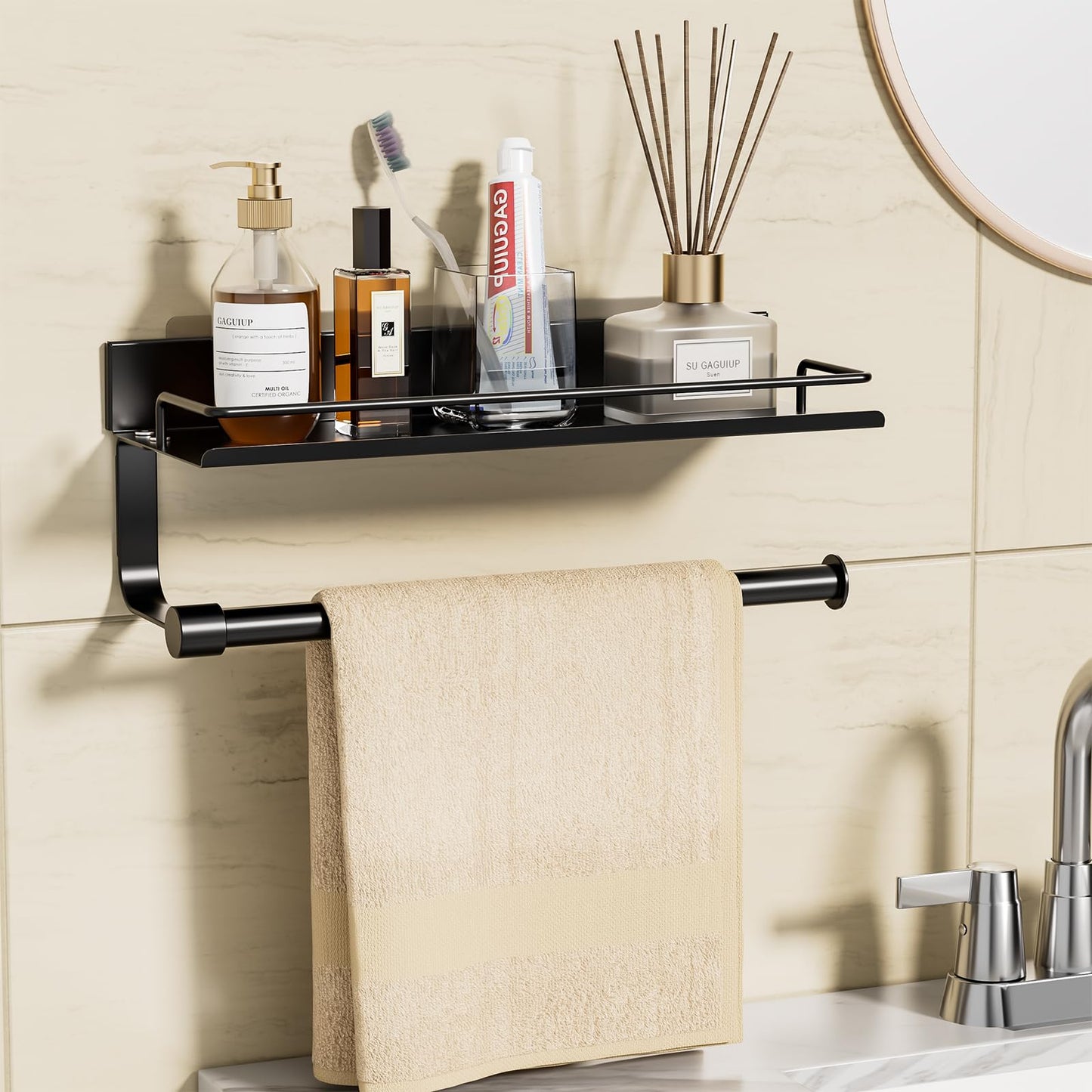 Hand Towel Holder for Bathroom, Self Adhesive Paper Towel Holder Wall Mount for Kitchen, Ideal RV Paper Towel Rack, Matte Black