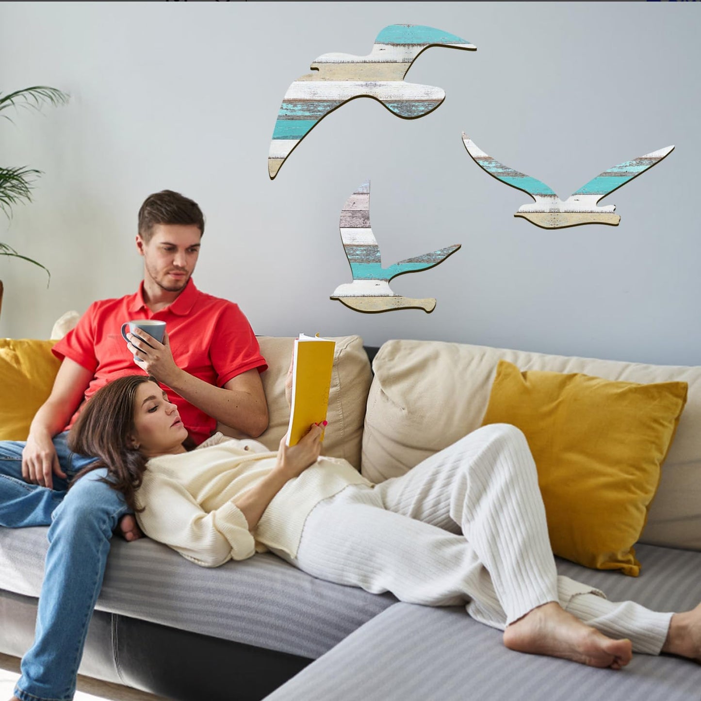 HINGTAI 3Pcs Wood Seagull Beach Wall Art, Nautical Self-adhesive Seagull Decorations, Coastal Themed Decors for Home Bedroom Living Room