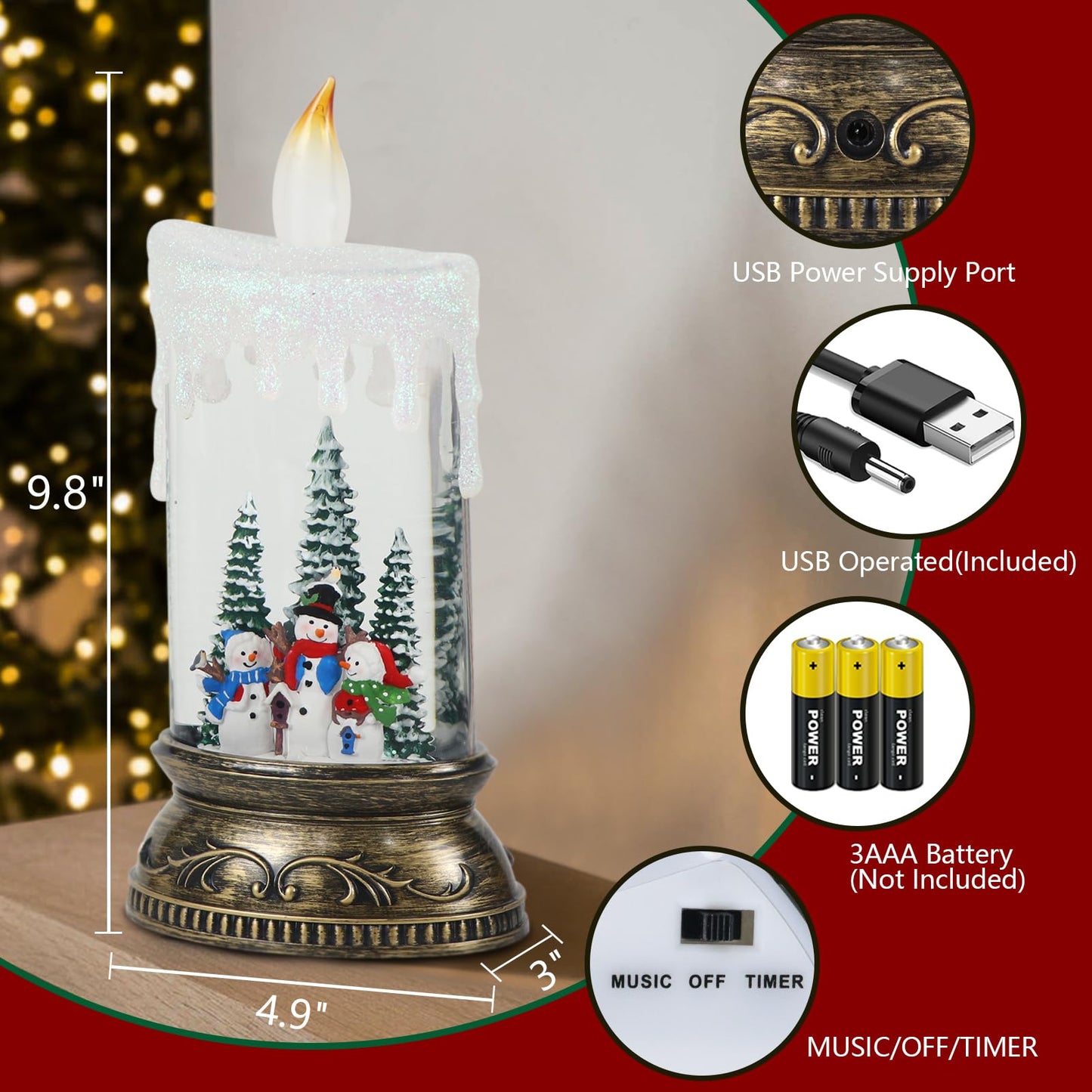 Eldnacele Christmas Music Snow Globe Lantern with 6H Timer Battery Operated & USB Powered Lighted Snowman Family Singing Snow Globe Candle Lamp Spinning Water Glitters Xmas Holiday Decor