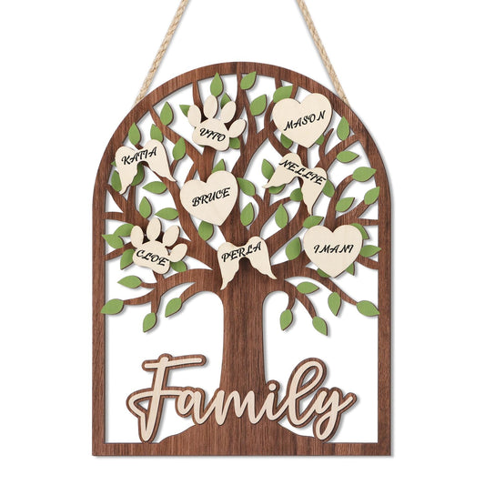 HLNIUC 3D Family Tree Wooden Sign(10”x13”)Personalized Name Hanging Plaque with Wood Tags,Custom Family Names Tree Wall Decor for Christmas Gifts,DIY Names Hanging Sign Gift for Friend/Mother/Grandma(Christmas Clearance,Final Sale)