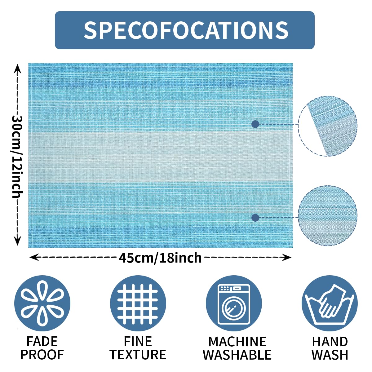 Niviy Placemats, Placemats Set of 4, 12x18 Inch Washable Place Mats Easy to Clean Heat Resistant Table Mats Wipeable Placemat for Holiday Party Kitchen Dining Table Decoration, Blue