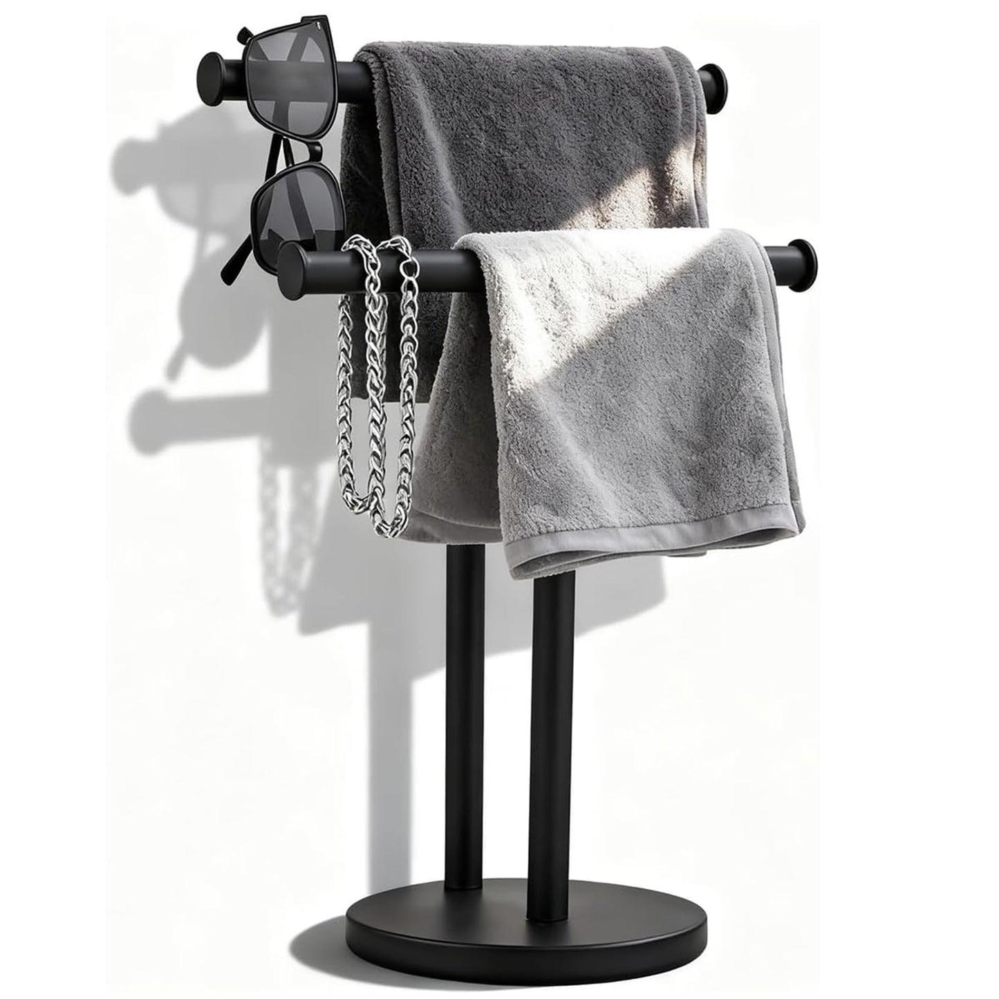 Hand Towel Holder, NEWRAIN Double Countertop Hand Towel Holder Stand, Stainless Steel Free Standing Hand Towel Rack with Heavy Base, for Bathroom Kitchen & Counter top, Matte Black