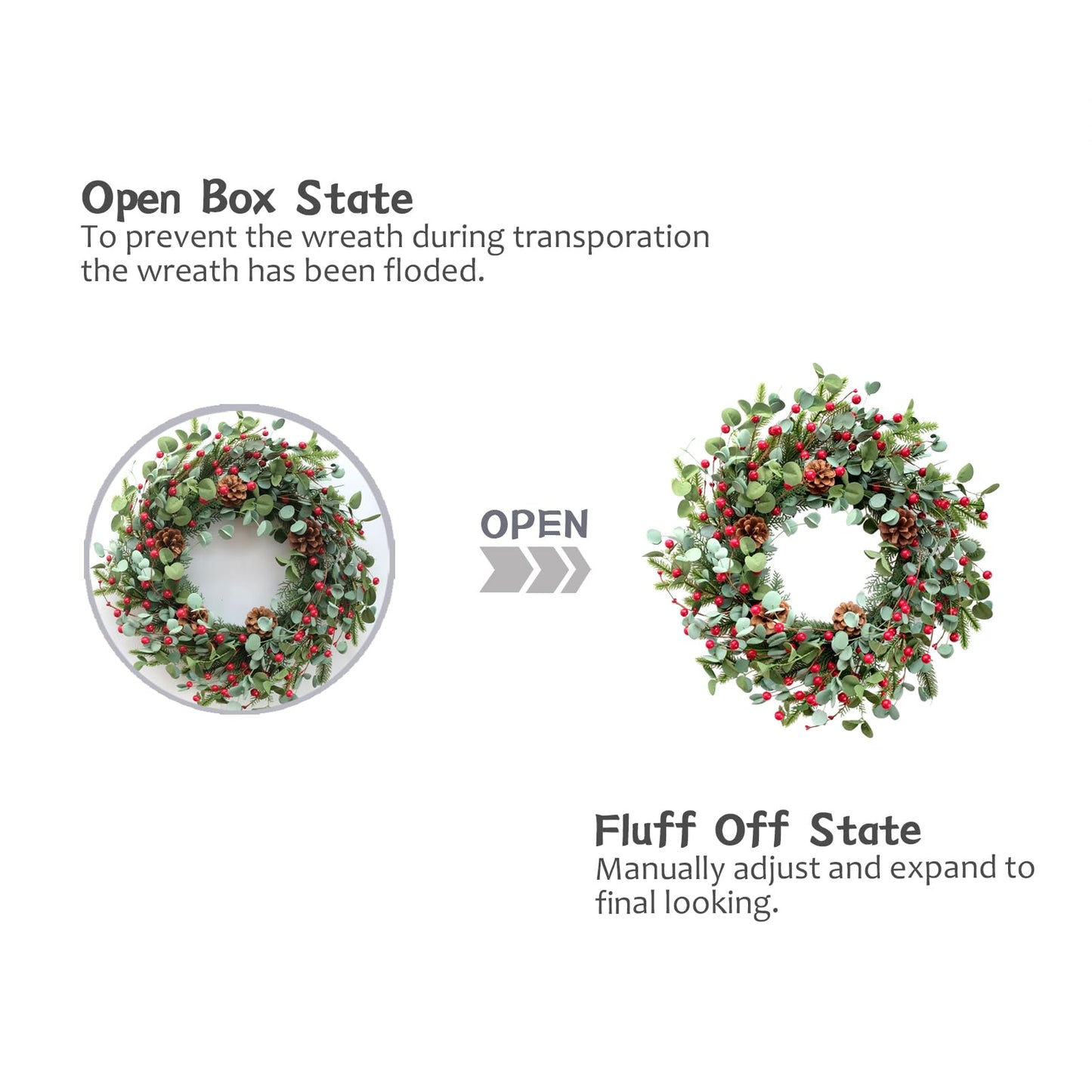 Idyllic Christmas Wreath for Front Door,20" Winter Wreath with Pine Cones Red Berries and Eucalyptus, Winter Decorations for Everyday Farmhouse Window Outdoor/Indoor
