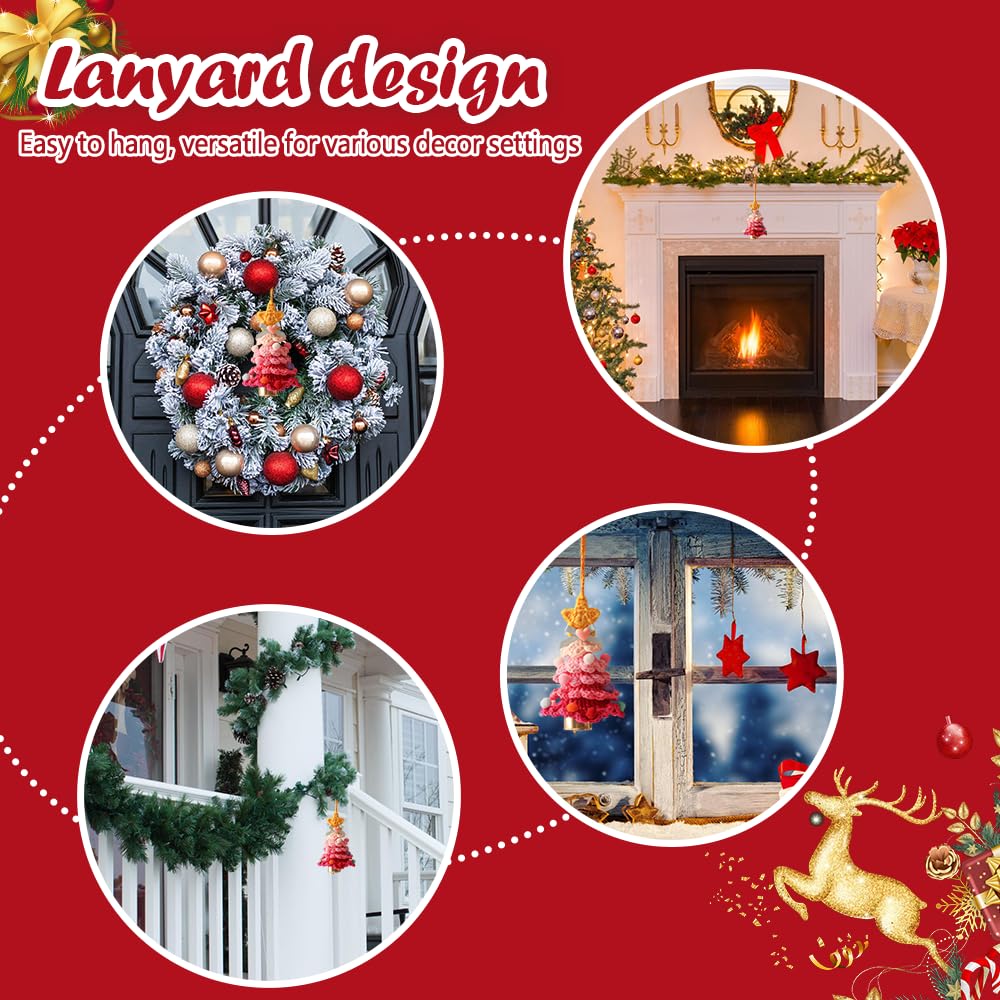 Crochet Christmas Tree Ornament, Knitting Handmade Xmas Tree Pendant with Bell for Holiday Hanging in Door, Car, Window