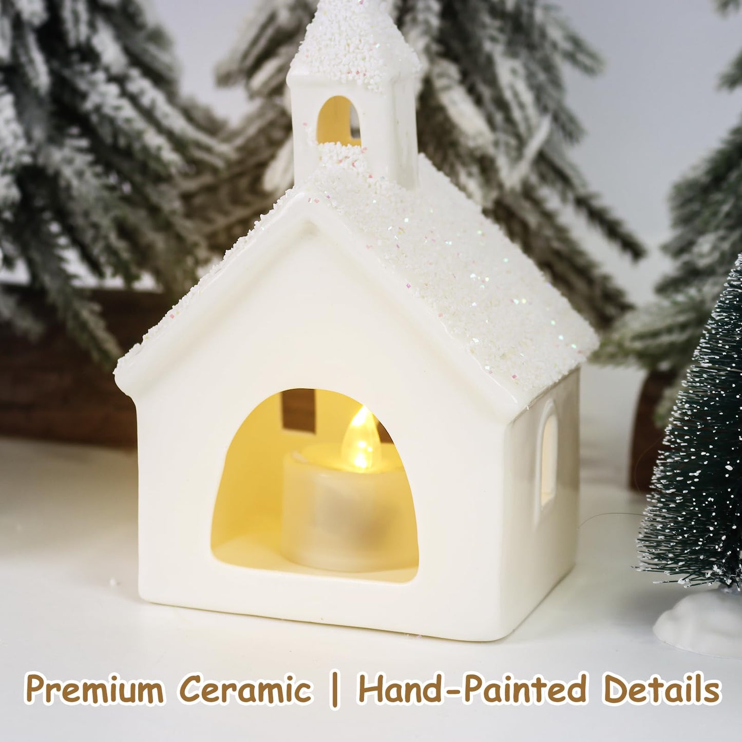 Christmas Decorations Indoor - 9 Piece Christmas Village Sets with 4 Remote Control Lighted Ceramic Houses, 2 Trees, 2 Deer & Santa - Neutral White Farmhouse Holiday Decor for Home Table Room(White)