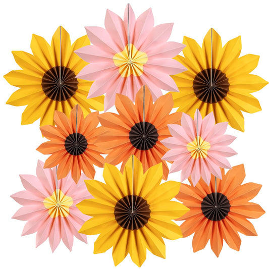PAPER JAZZ Sunflower Party Decorations: 9 Sunflower Paper Fans & Flower Garlands, Summer Orange Pink Sunflowers, Wedding & Baby Shower Decor