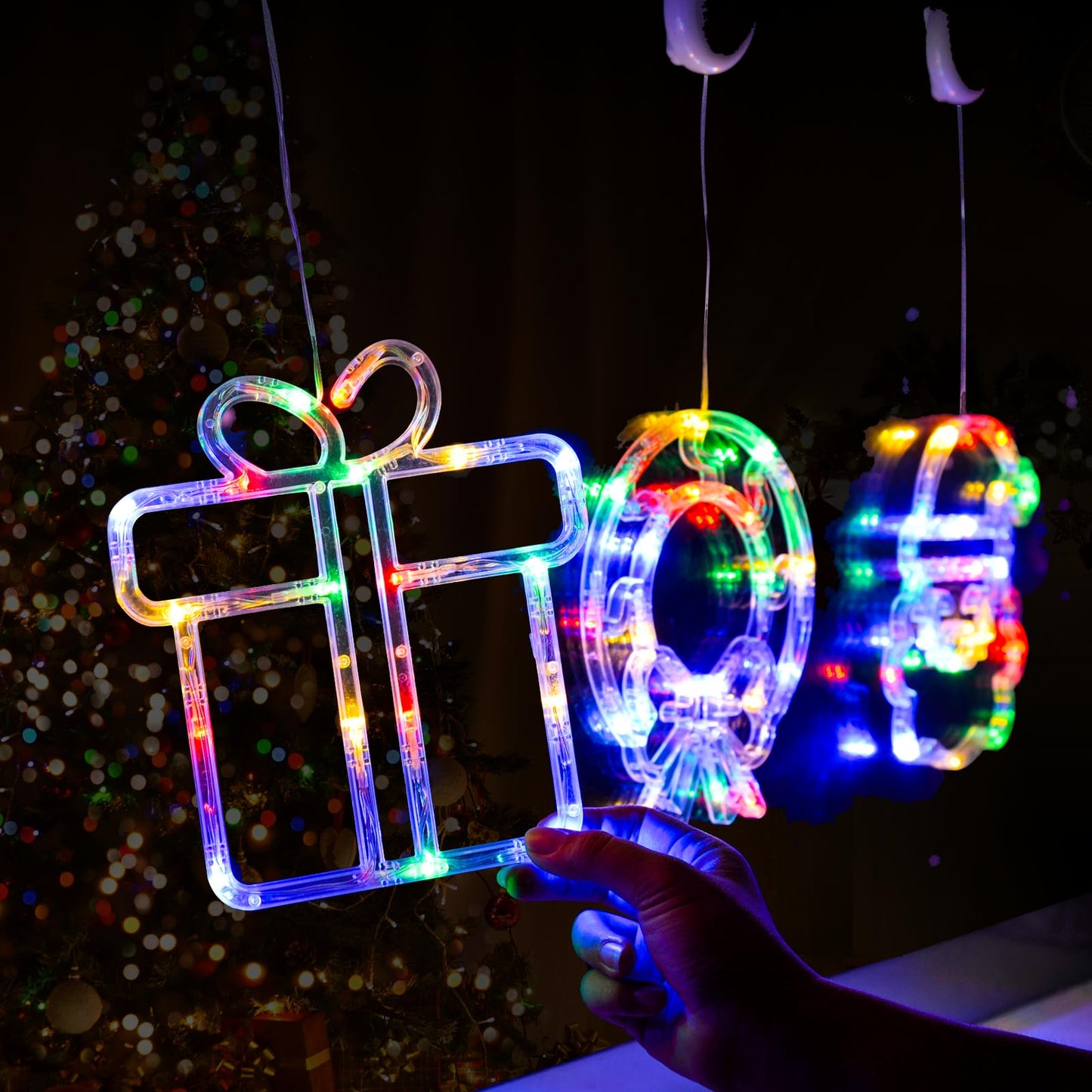 LOLStar Christmas Window Decorations 3 Pack Wreath Gift Box Santa Claus Christmas Window Lights with Suction Cups, Battery Operated Xmas Lights Decors, 2025 Upgrade Slow Fade Mode and Timer Function