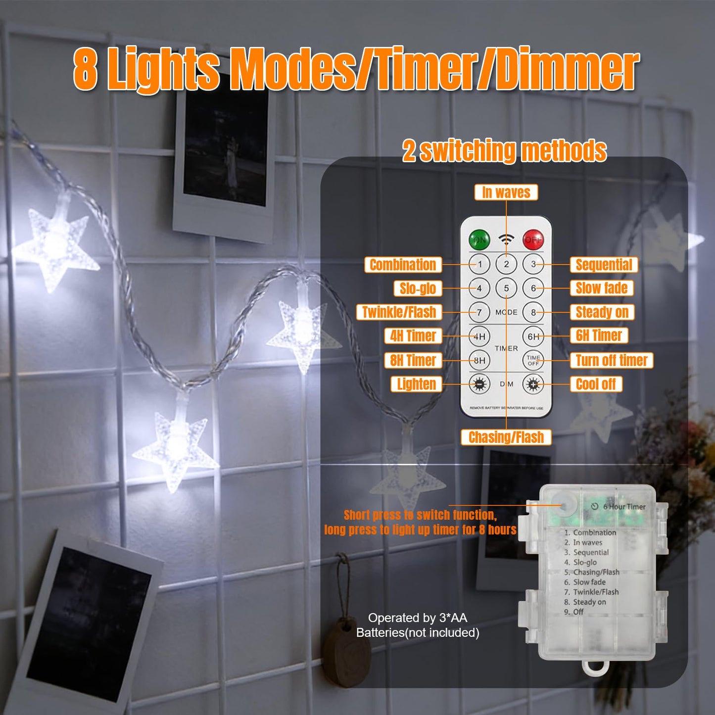 LAMPHOME White Star LED String Lights, 16ft 50 LED Star Fairy Lights with Clear Wire, 3AA Waterproof 8 Modes & Remote, Decorative Lights for Christmas Easter Tree Bedroom Wedding Party