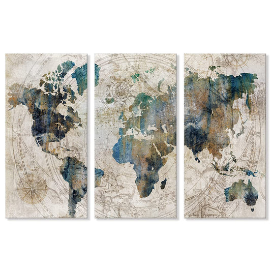 Goldfoilart Vintage World Map Canvas Wall Art Large Poster Teal Blue Painting Pictures Artwork Decor for Living Room Bedroom Office Kitchen Decorations 16" x 32" x 3pcs