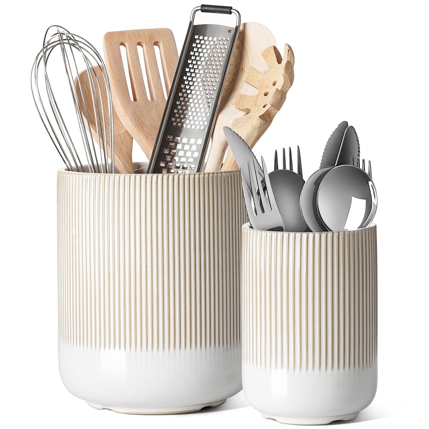 LE TAUCI Utensil Holder for Kitchen Counter, 7.3"+5.4" Fluted Ceramic Utensil Crock Organizer for Countertop, Heavy Large Holder for Spatulas, Spoons, Set of 2, Warm White Glaze