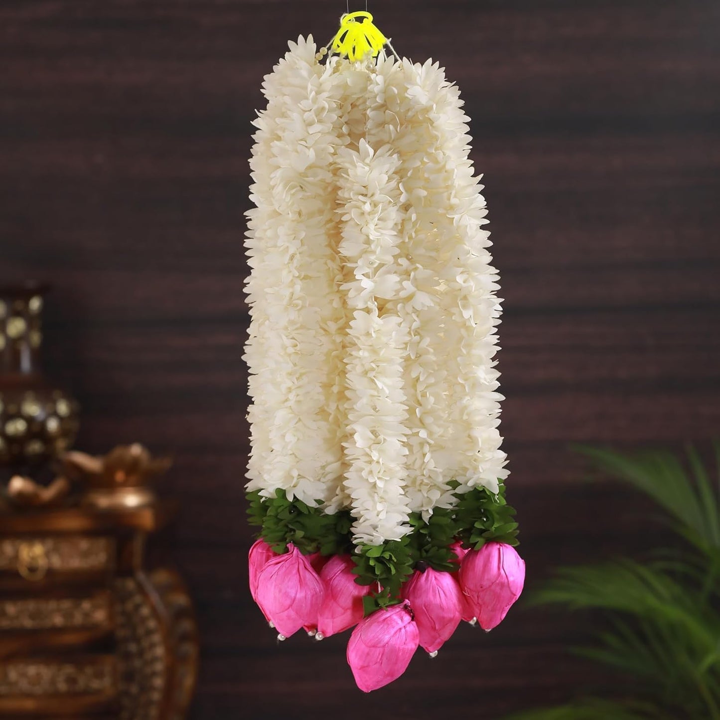 Set of 5 Artificial Jasmine Garland Toran with Lotus Buds, 13 Inch Strings Jasmine Garland Toran with Lotus Buds for Pooja Decoration Wall Hanging for Ganesh Chaturthi, Diwali & Festive Decor