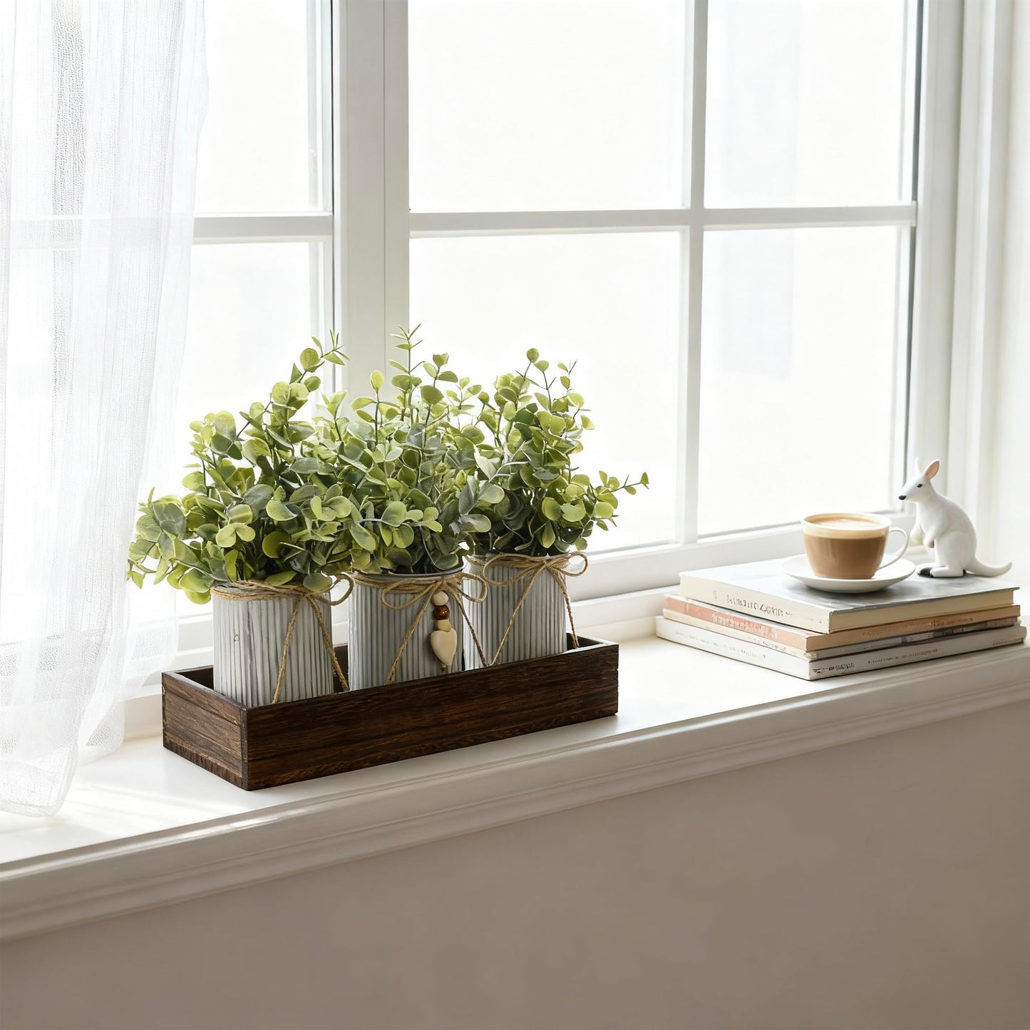 HEMYLU Artificial Flower Decorative Centerpiece, Frosty Green Eucalyptus Table Arrangement with 3 Rustic Metal Pots and Wood Tray for Farmhouse Home Décor