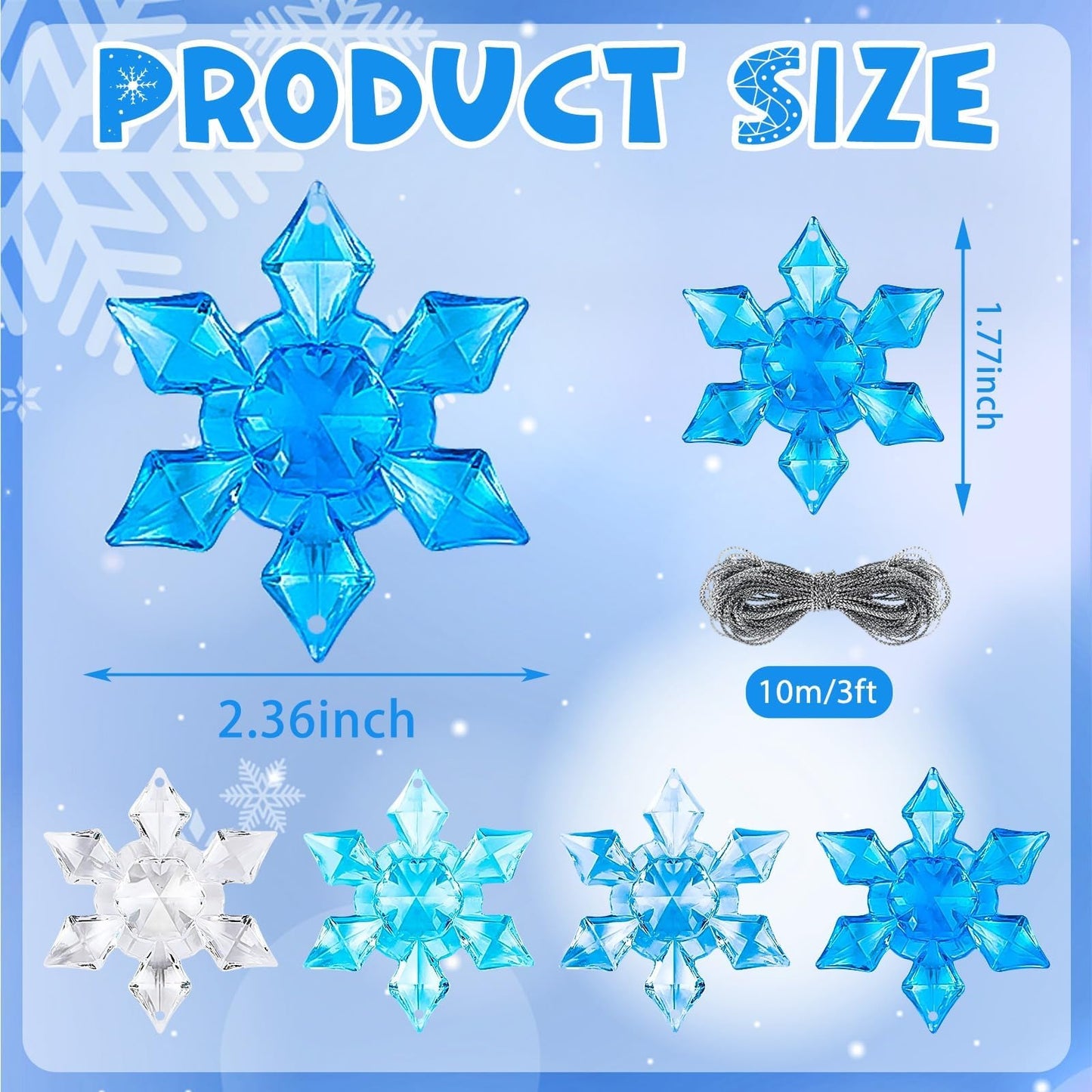 BOARDFEB 60Pcs Christmas Acrylic Snowflake Ornaments, Winter 3D Translucent Hanging Ornaments for Xmas Tree Crystal Snowflake Pendants with Rope for Holiday Party DIY Decor (Blue 43mm/63mm)