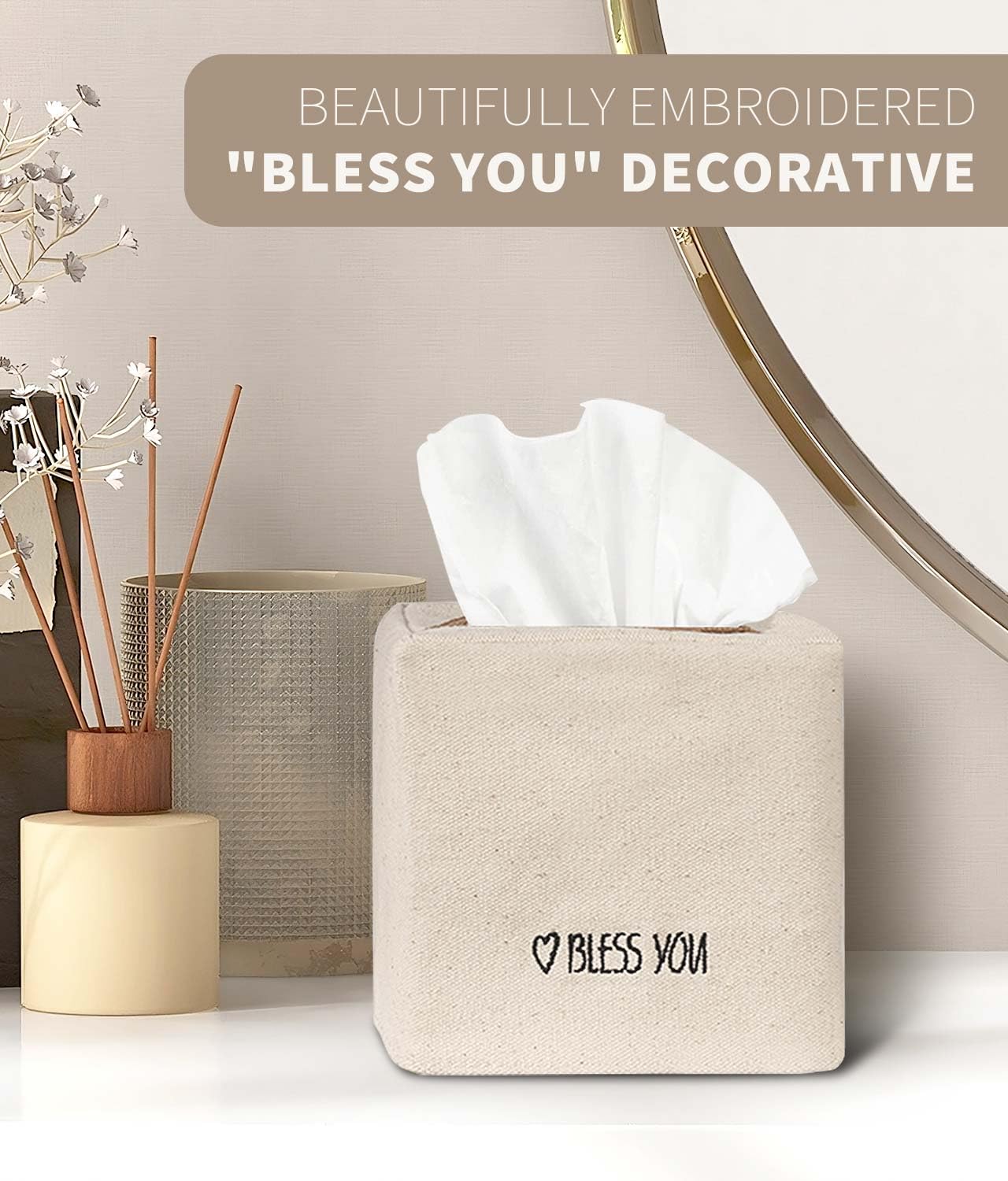 Livelab Tissue Box Cover Square, Chic Canvas Tissue Box Holder with Embroidery Text Decor, Stylish Tissue Case Facial Paper Cube Cover for Your Home, Officce and Bathroom | Ivory