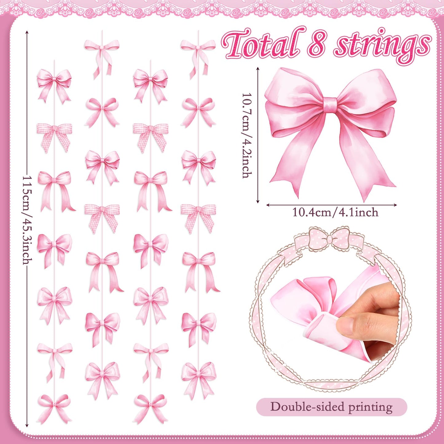 Daifunli 8 PCS Bow Decorations Bow Hanging Banners Garland Banners Paper Cutouts Ribbon Streamers for Birthday Bridal Engagement Bachelorette Wedding Party Decor(Pink)