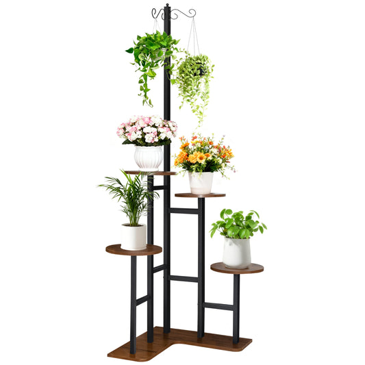 elwarmth Corner Plant Stand Indoor with 2 Hanging Hooks, 59.45" Tall 5-Tier L-Shaped Flower Shelf for Multiple Plants, Plant Shelves Organizer Rack for Living Room, Bedroom & Balcony